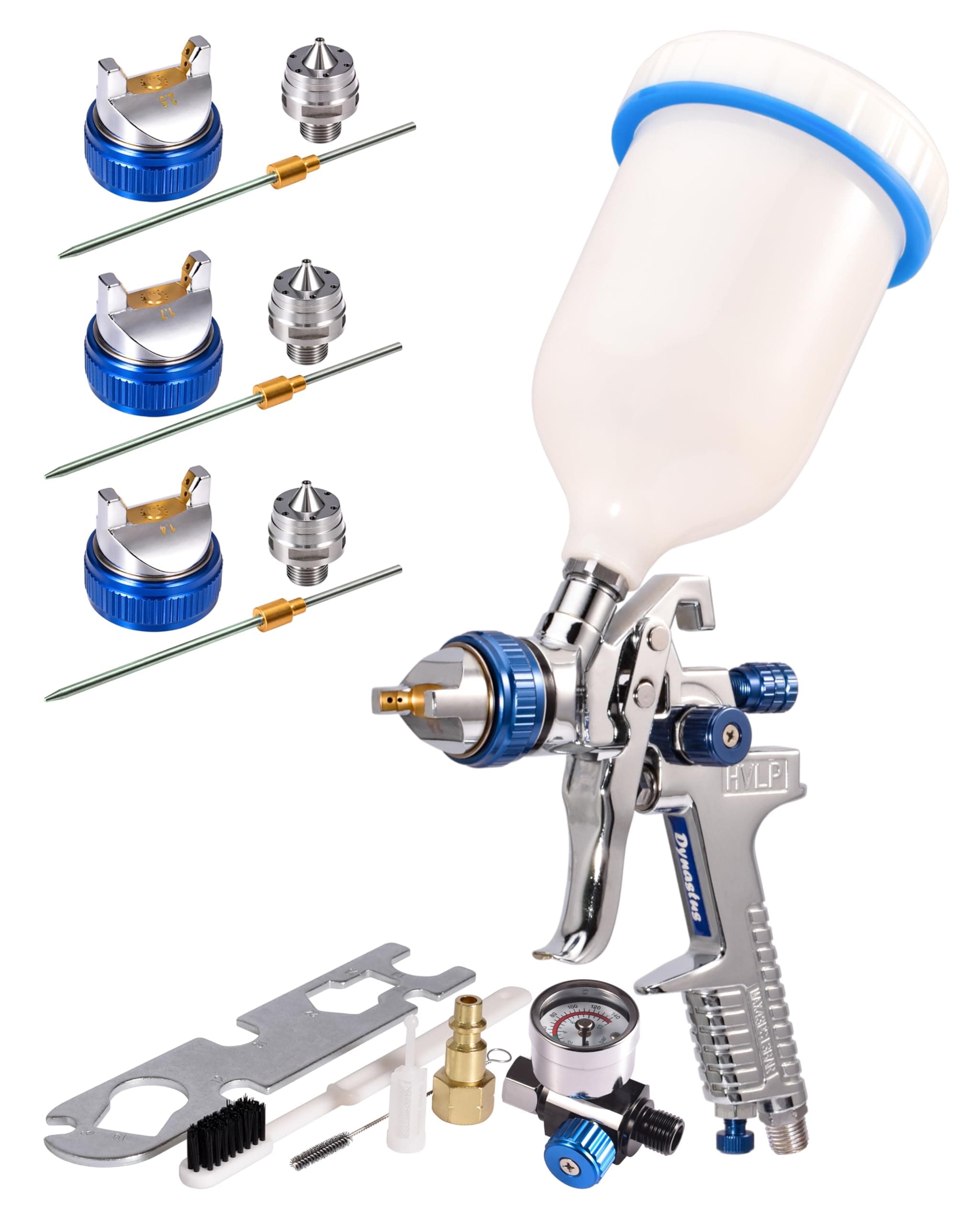 Dynastus 20 Oz. HVLP Air Spray Gun Auto Car Detail Paint Sprayer, Replaceable 3 Nozzles 1.4mm 1.7mmm 2.5mm, with Filter and Air Regulator