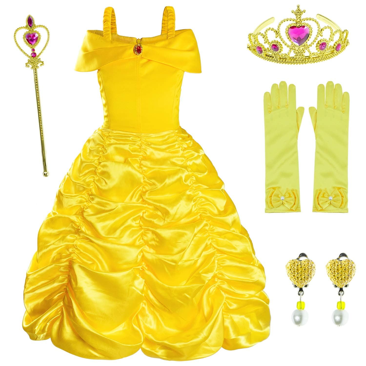 Princess Costume for Girls Birthday Party Fancy Dress Up with Accessories(Crown+Wand+Earrings+Gloves)