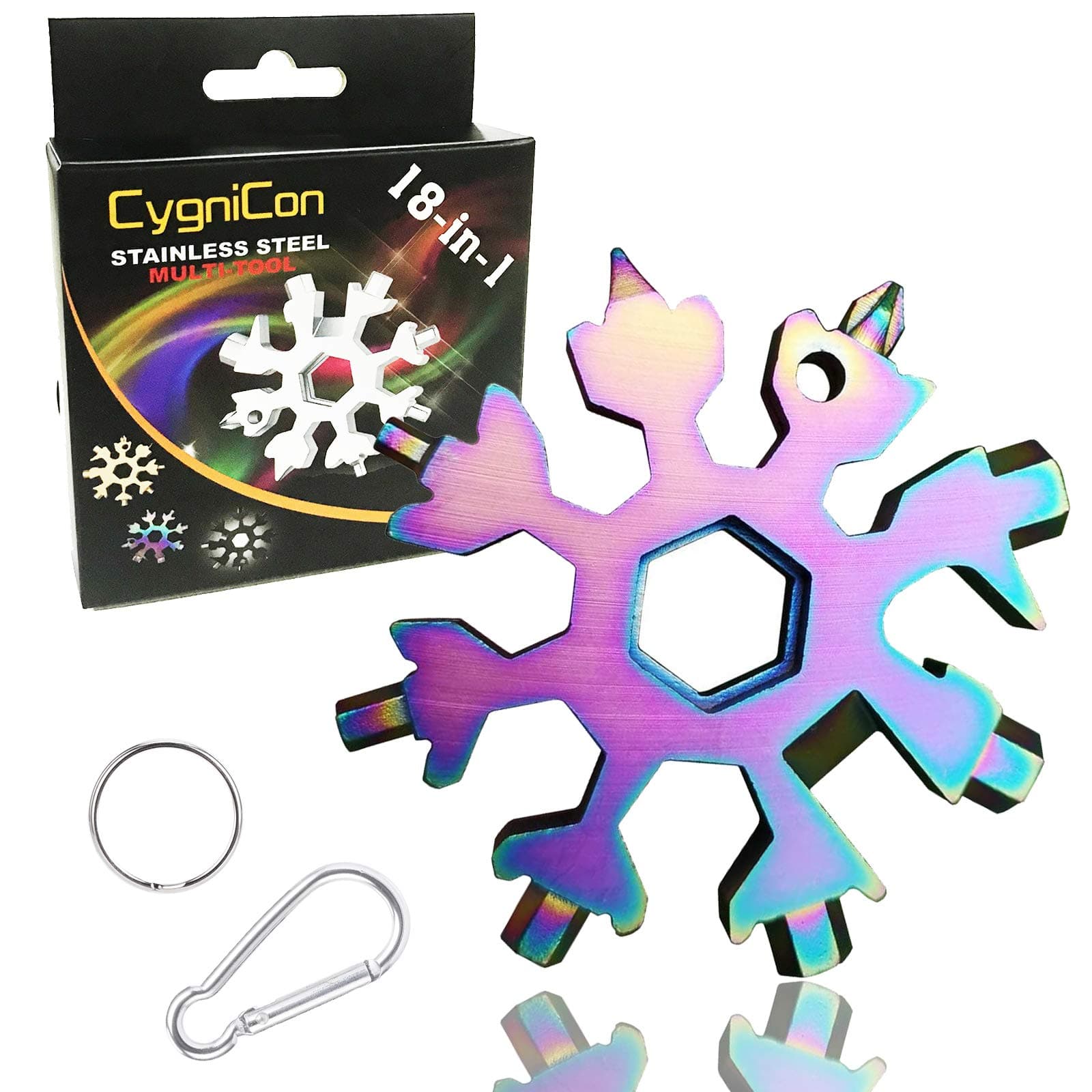 CygniCon 18-in-1 Snowflake Multi Tool, Stainless Steel Snowflake Wrench, Snowflake Screwdriver with Key Ring and Carabiner, Durable and Portable to Take, Great Christmas gift for Men(Multicolor)