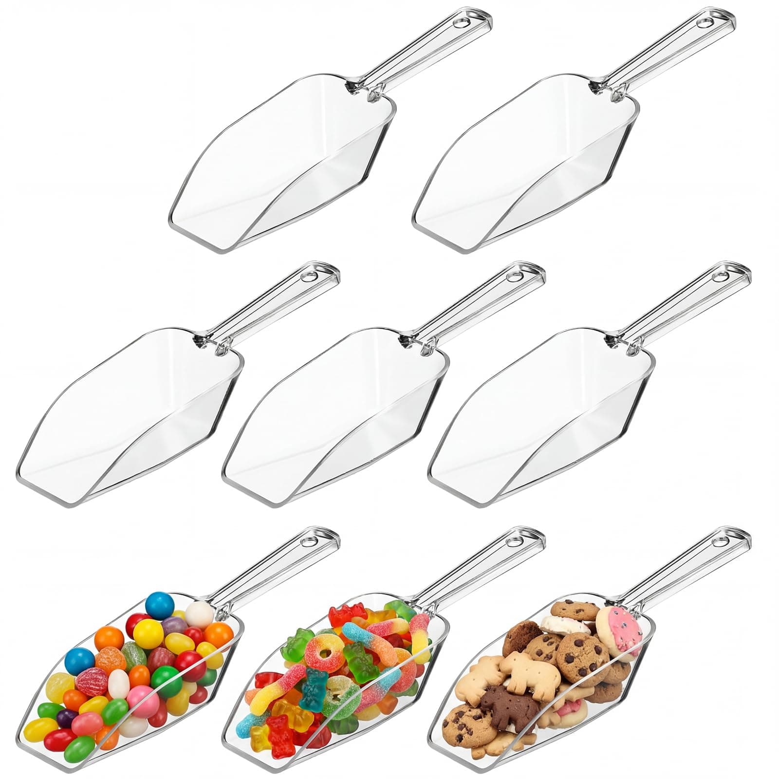 Hestya 8 Pcs Multi Purpose Clear Plastic Scoops for Candy Buffet Acrylic Kitchen Ice Food Popcorn Scoops for Protein Powders, Ice Cream, Coffee, Tea Jar (6.7 Inch)