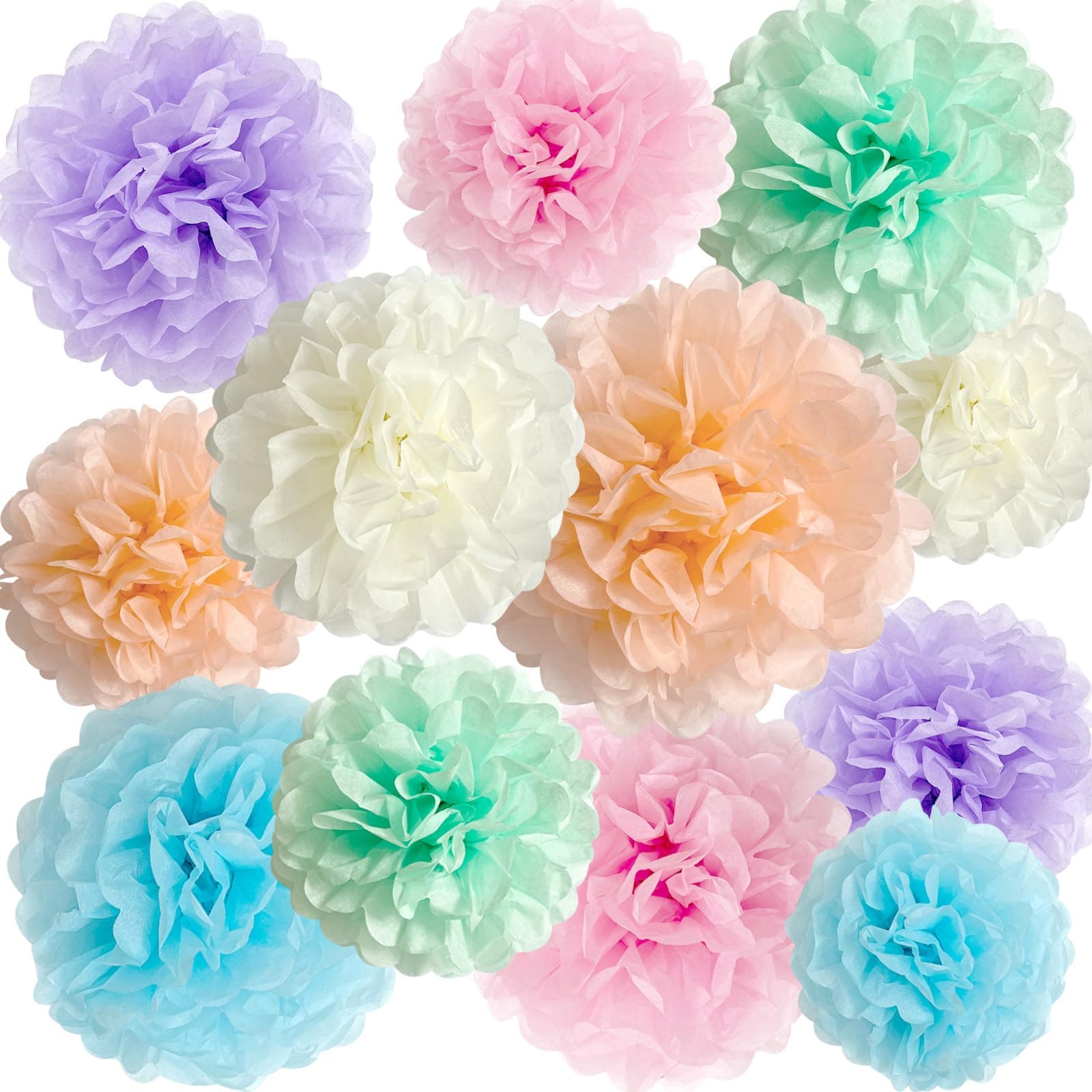 ANSOMO Pastel Tissue Paper Pom Poms Party Decorations Rainbow Ice Cream Flowers Wall Hanging Décor Supplies Birthday Bridal Baby Shower Pink Purple Peach Mint Green Blue Ivory
