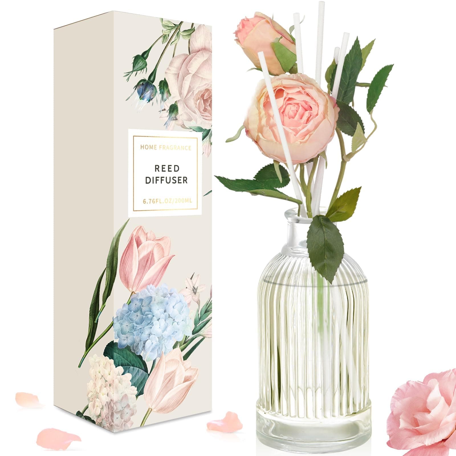 Reed Diffuser 200ml Fragrance Reed Diffusers, Aromatherapy Diffuser Set with 6 Fiber Sticks, Long Lasting Home Indoor Fragrance Reed Diffuser Set, Rose Sandalwood