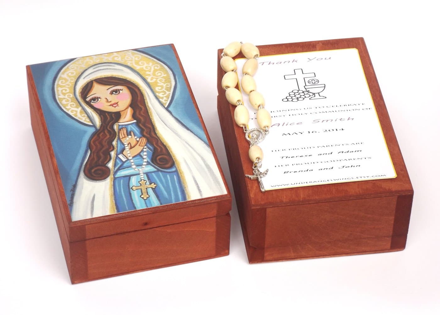 Virgin Mary Rosary favor Rosary box Girl first communion favors girl First communion gift girl Our Lady box Thank you favor Girl first holy communion favor girl Wooden box Personalized keepsake box