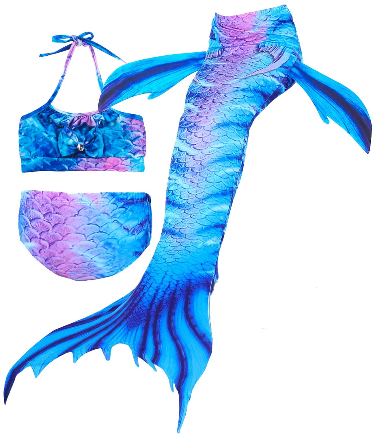 Mermaid Tails for Swimming,with Monofin,Children Mermaid Clothing Cosplay,Swimmable Tail Swimsuit 4PCS Sets