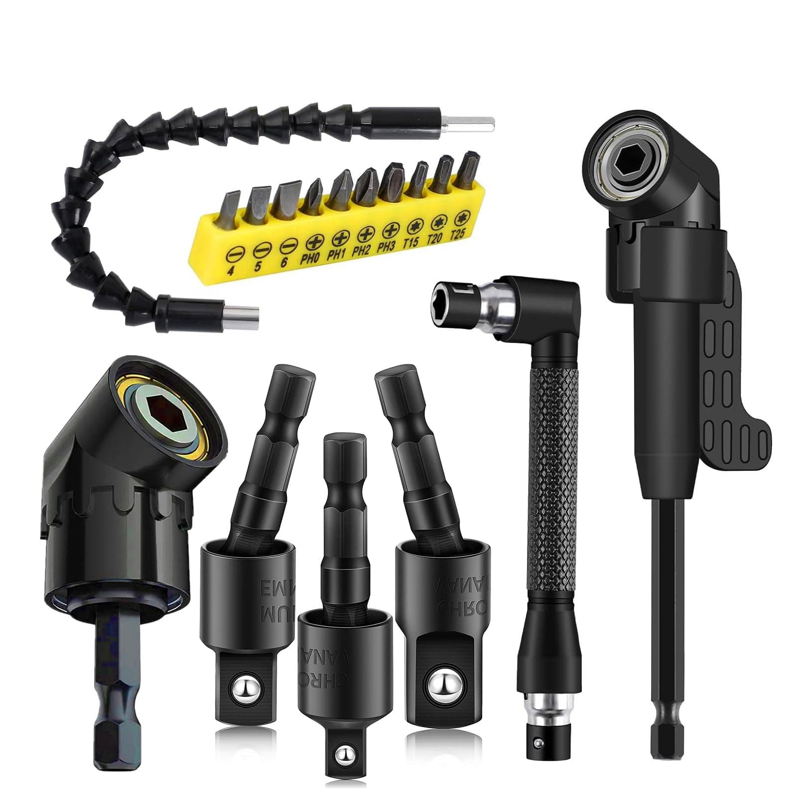 17Pcs Flexible Drill Bit Extension, Include 3Pcs Rotatable Socket Adapter 2Pcs Hex Shank 105° Right Angle Drill Attachment 10 Short Screwdriver Bits 90° Angled Bits and Bendable Extension