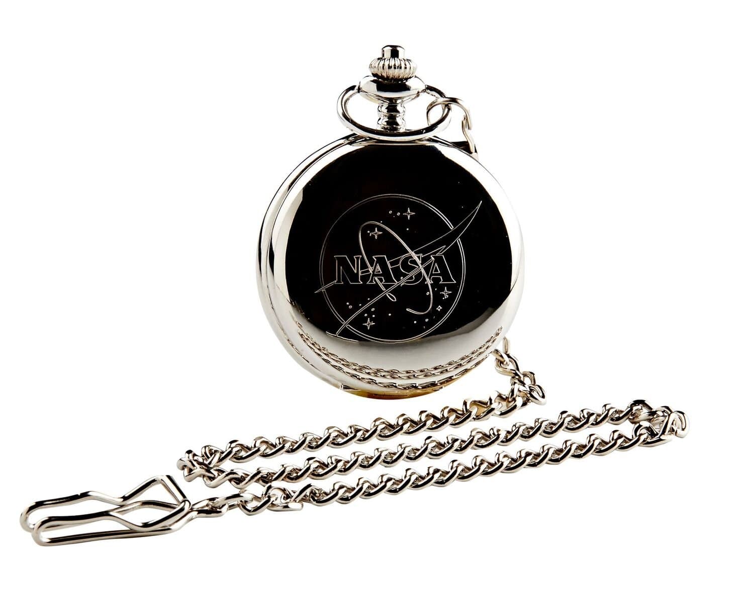 TLVNASA Logo Silver Pocket Watch Full Hunter Gift Box Space Shuttle Moon