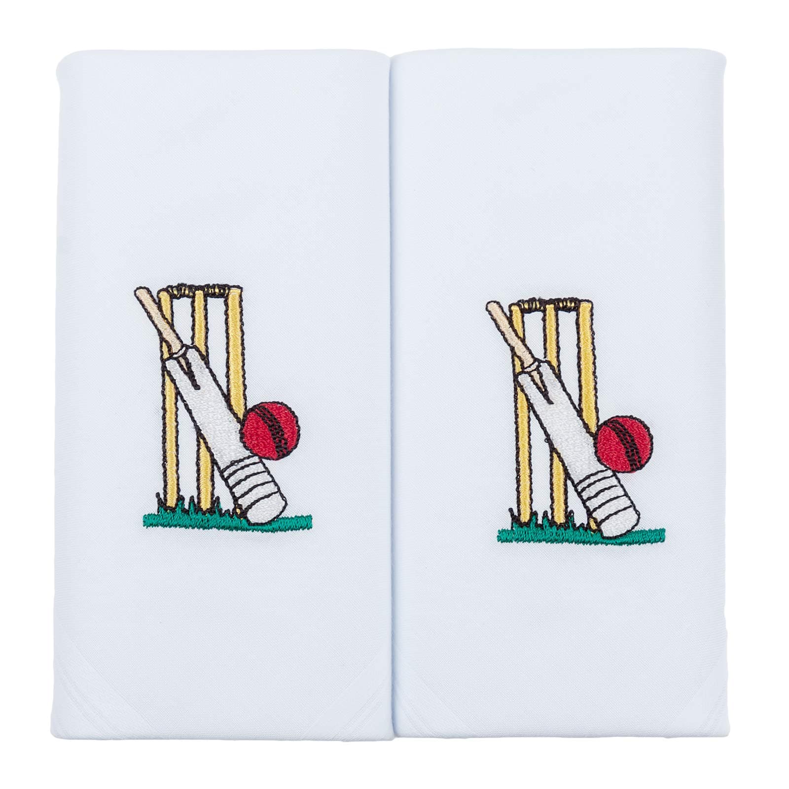Cricket Hankies - White Handkerchiefs for Men Cotton with Embroidered Cricket Stumps Bat and Ball Design