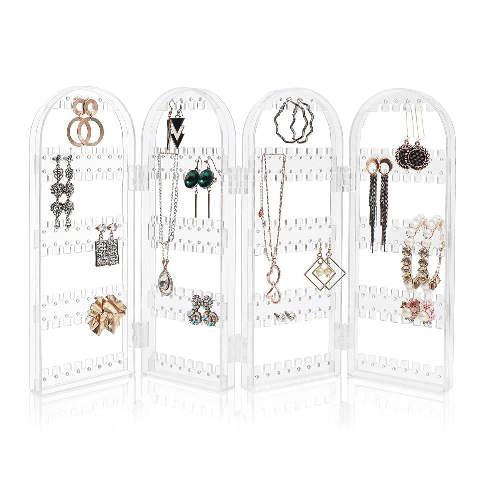 OFRANK 260 Holes Acrylic Earrings Holder for Women,4 Doors Foldable Screen Necklace Display Rack,Hanging Jewelry Organizer Double Sided Stand Display,Clear