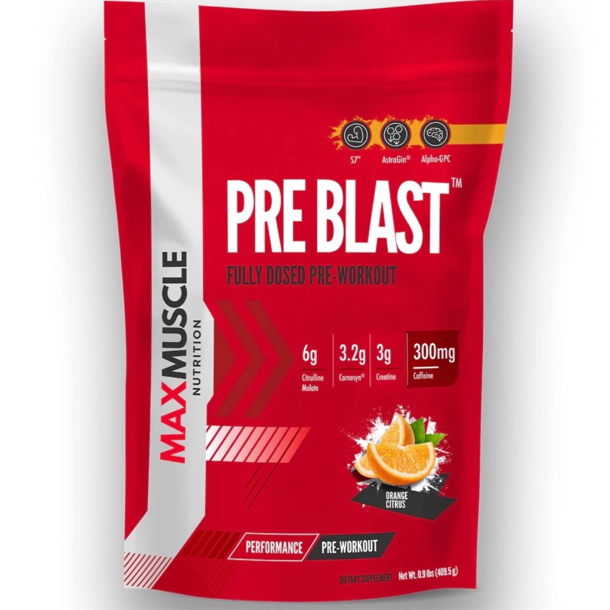 Max Muscle Pre Blast Fully Dosed Pre-Workout | Intense Pumps - Next Level Energy - Increase Strength | Creatine Monohydrate - L-Citrulline - 300mg Caffeine | 25 Servings (Orange Citrus)