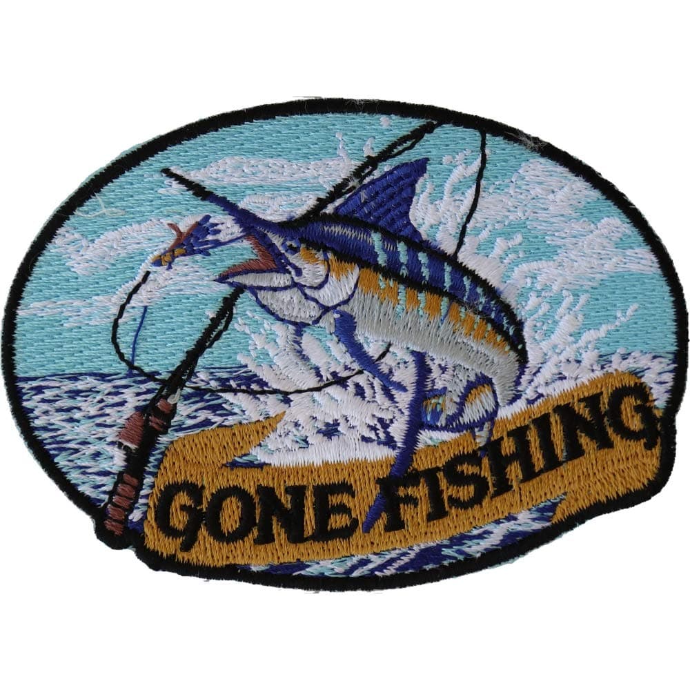 Marlin Gone Fishing Small Patch - 3.5x2.5 inch. Embroidered Iron on Patch