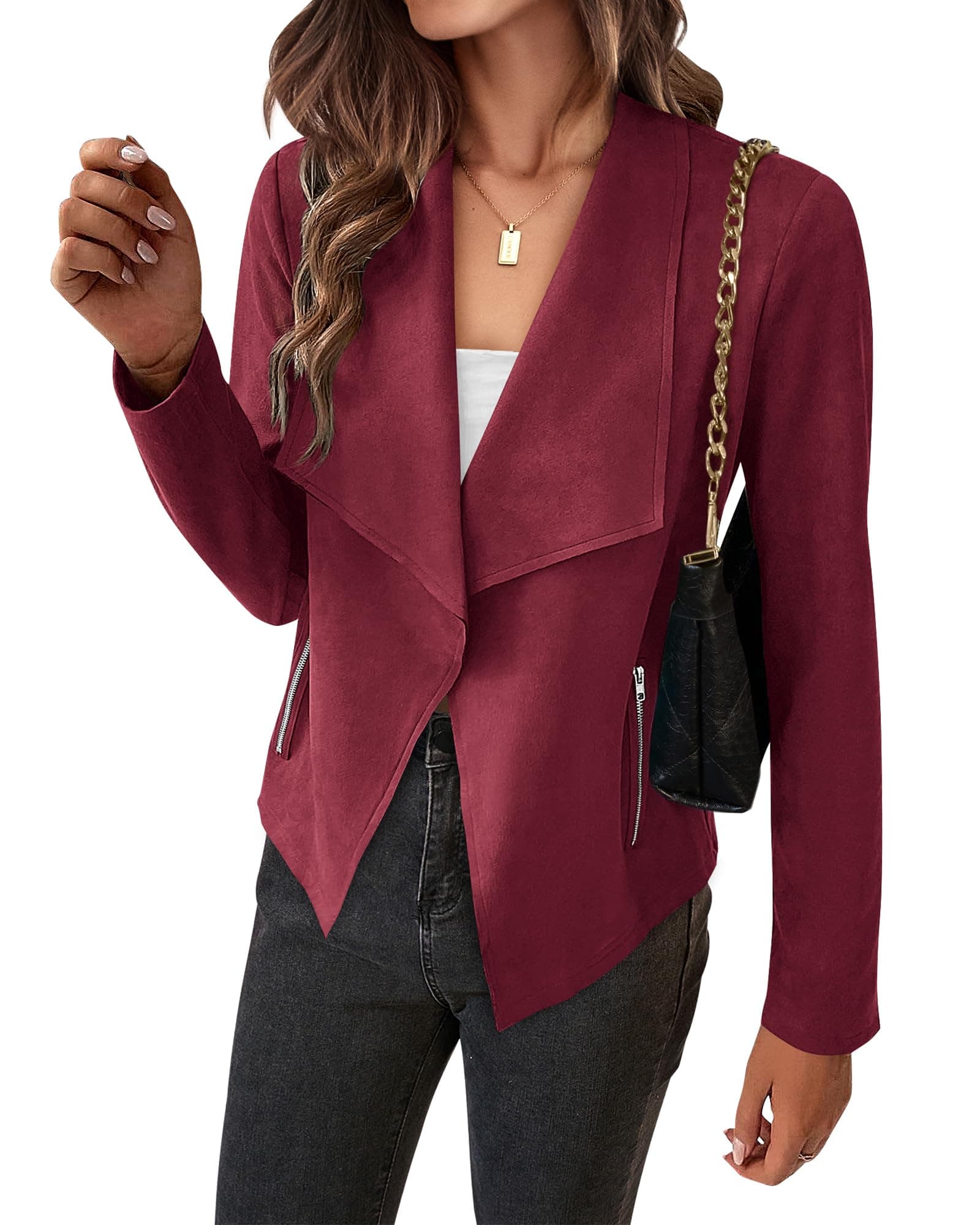 BTFBM Womens Faux Suede Jackets Dressy Spring Summer Clothes 2025 Lapel Long Sleeve Open Front Cropped Outerwear Coats