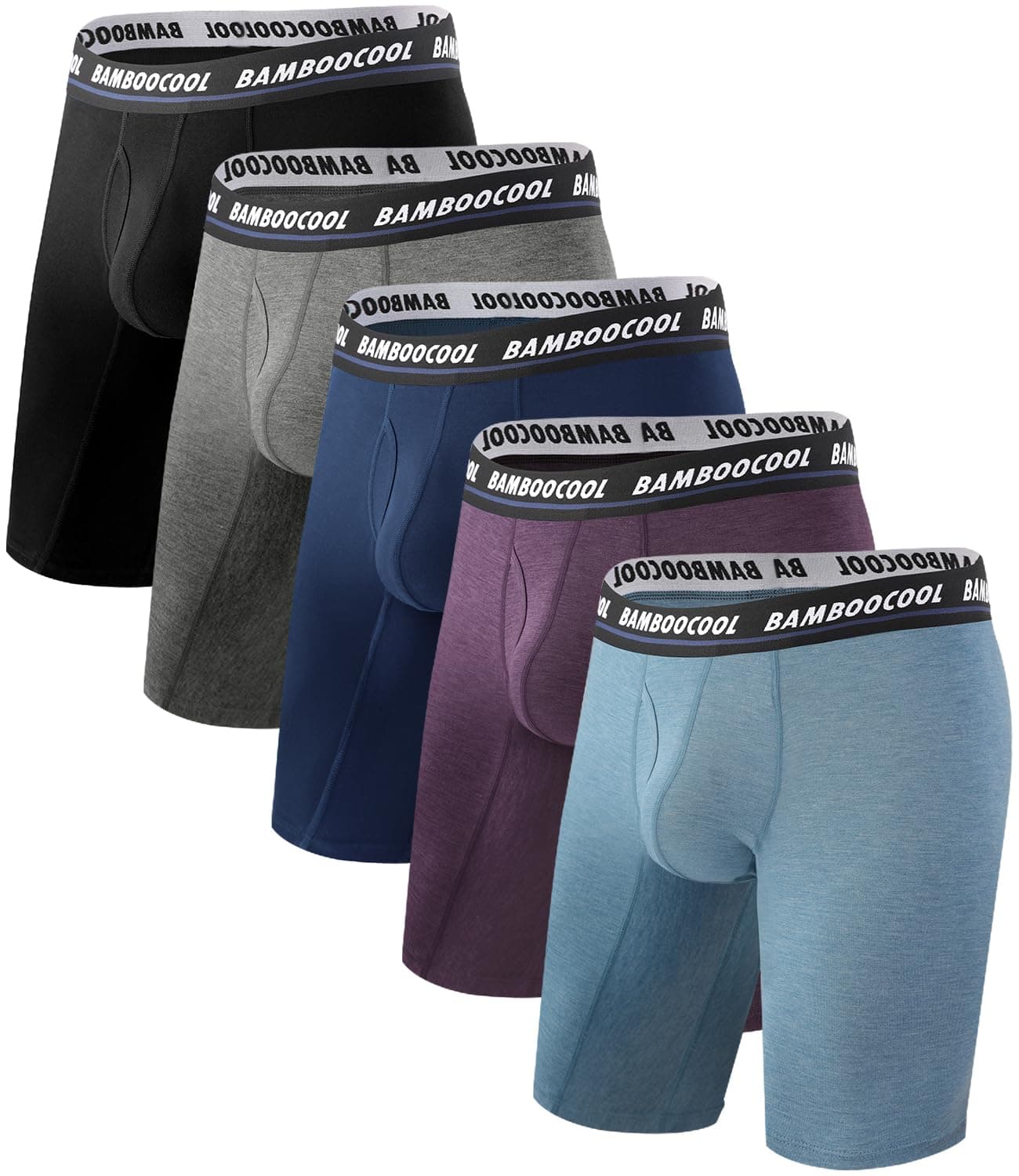 BAMBOO COOLMen's Long Boxer Briefs Performance Long Leg Sports Boxer Brief Underwear 5 Pack