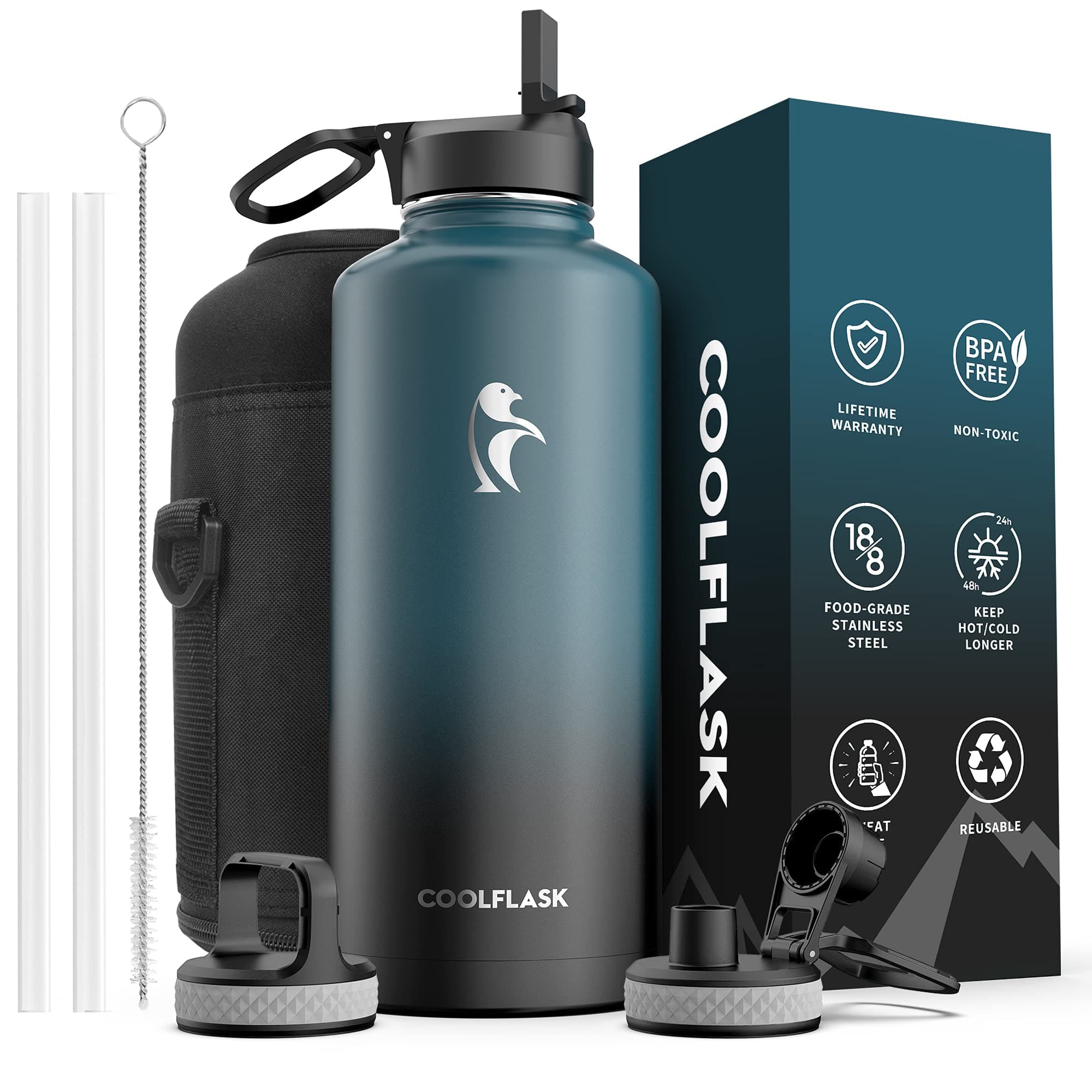 Coolflask Water Bottle 87 oz with Straw, 2/3 Gallon Insulated Stainless Steel Large 3 Lids Big Water Jug for Sports or Office, Non-BPA Keep Cold Up to 48 Hrs or Hot Up to 24 Hrs, Samurai Cyan