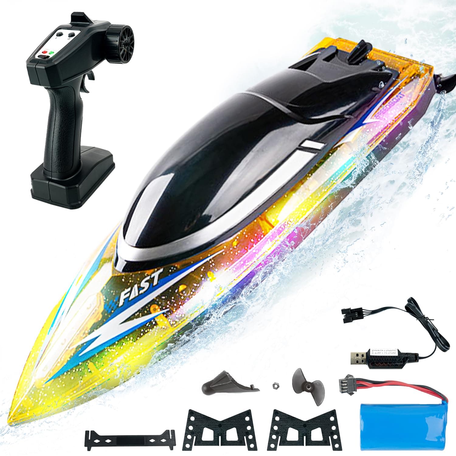 BEZGAR RC Boat, 16 inch Big Remote Control Boat for Kids and Adults, 30 KPH Large Fast RC Speed Boats with 1500mAh Battery, Ideal Waterproof Toy Boats for Pools & Lakes - RH709 Yellow