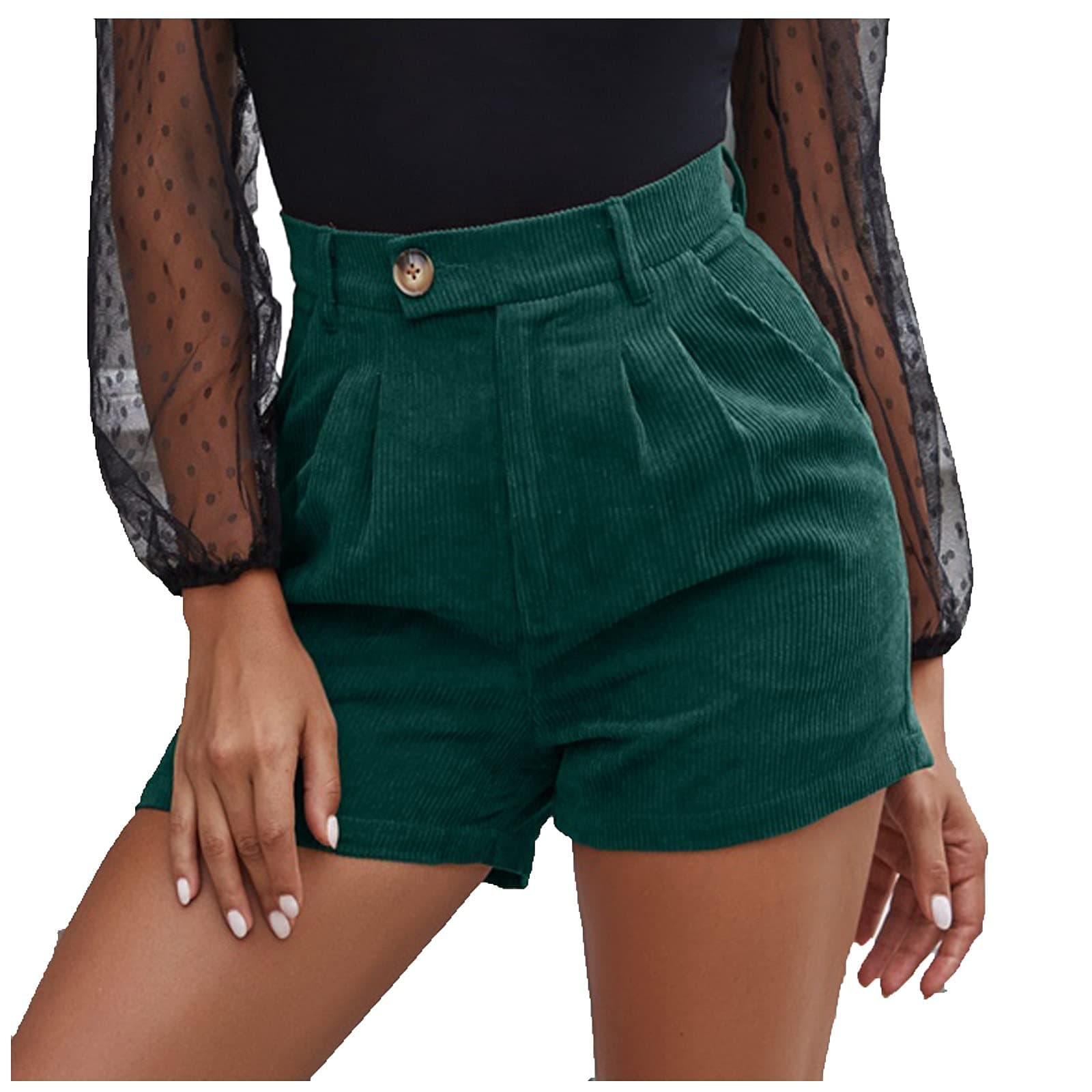 Pocciol Women's Fashion High Waist Corduroy Quick-Drying Elastic Straight Shorts with Pockets for Shopping, Hiking(Green,XL)
