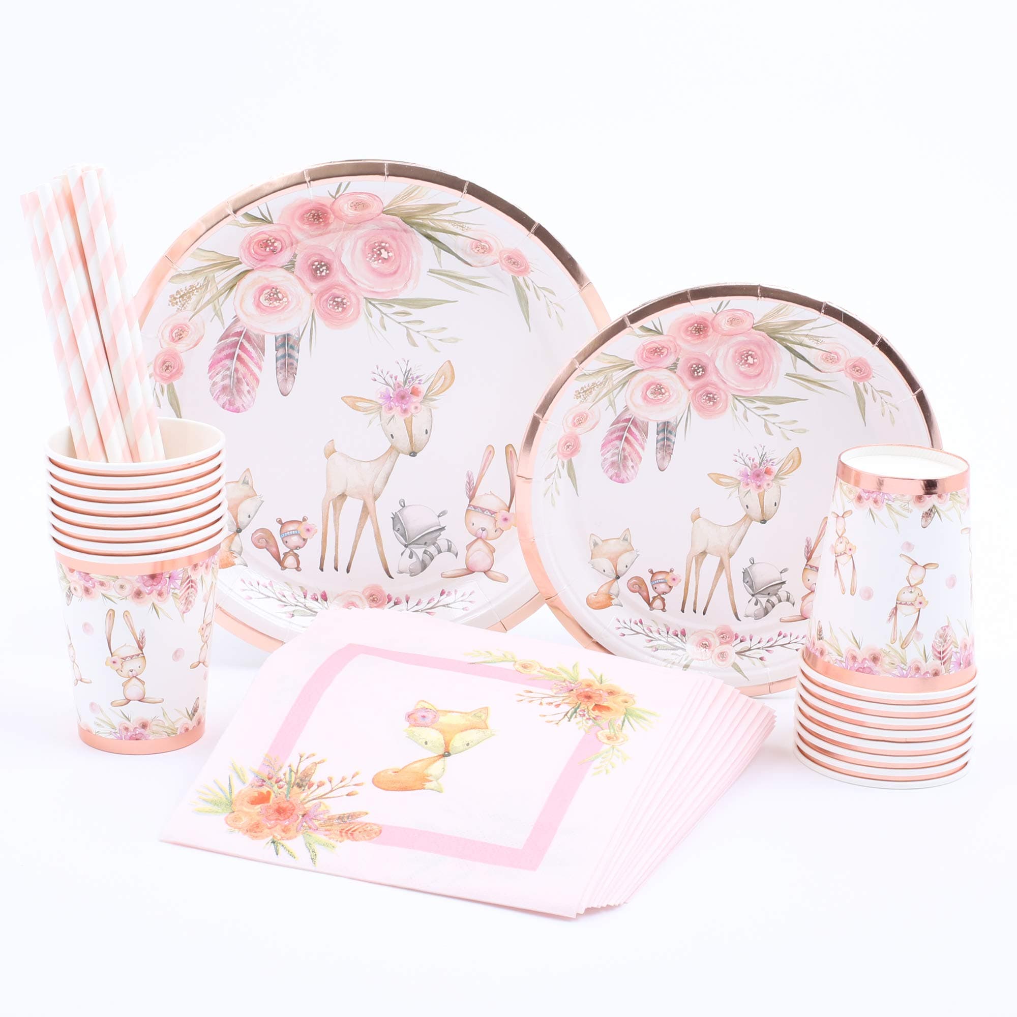 Woodland Creatures Baby Shower | Stunning Real Rose Gold Foil | Serves 16 | Woodland Party Supplies | Woodland Baby Shower or Birthday for Little Girl