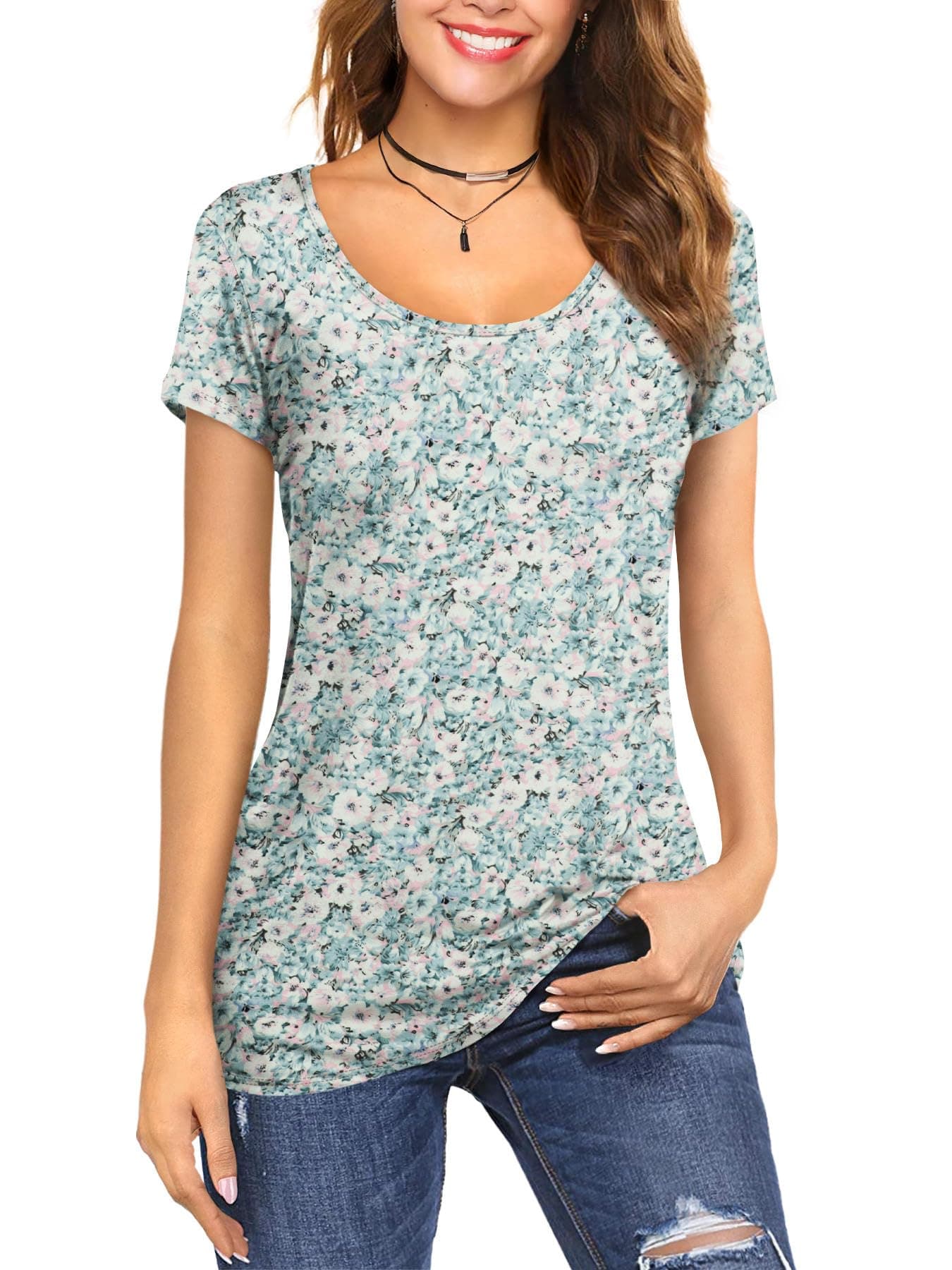 Amoretu Women's Scoop Neck Short Sleeve Tees Cotton T Shirts Blouses Tops