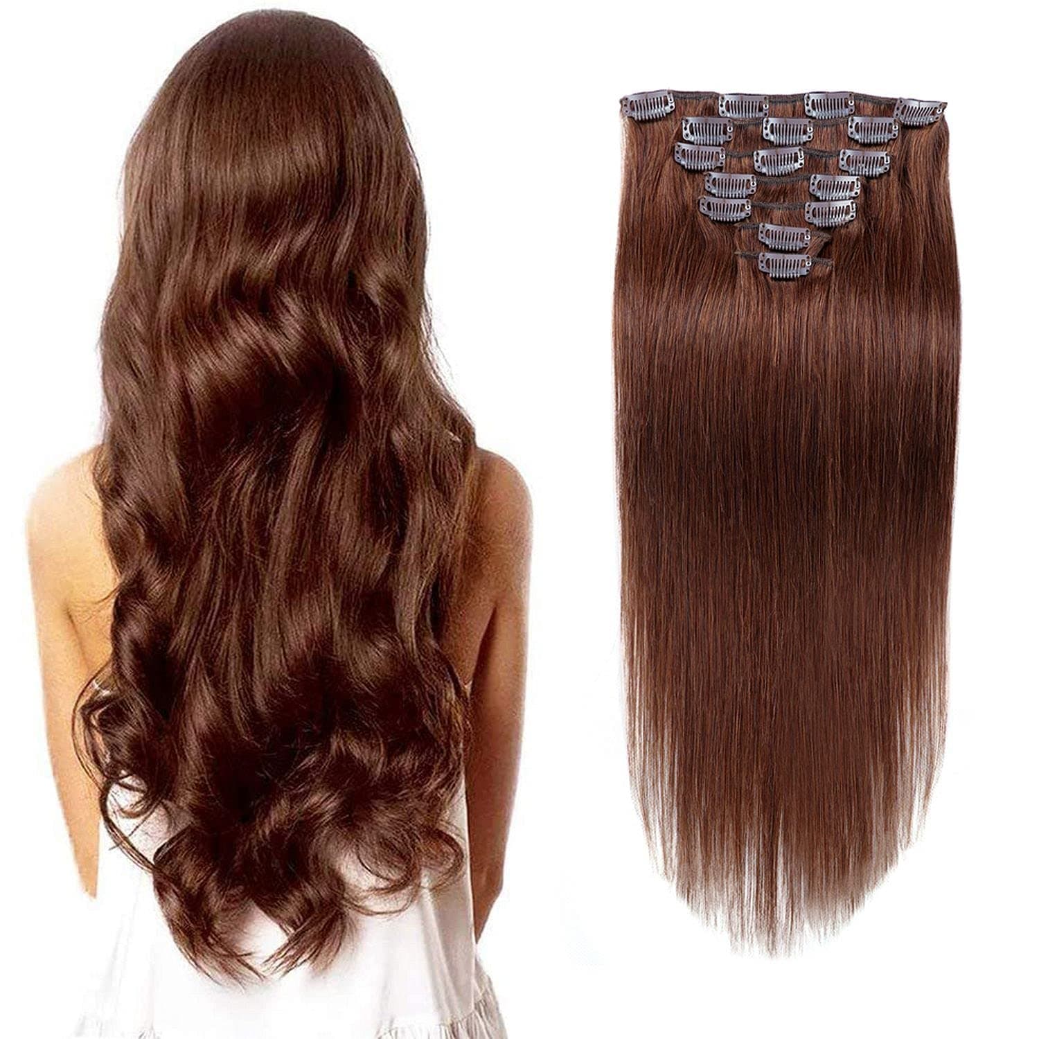 Clip in Human Hair Extensions，Medium Brown Real Remy Human Hair Extensions 7pcs 70g 16inch Clip in Hair Extensions