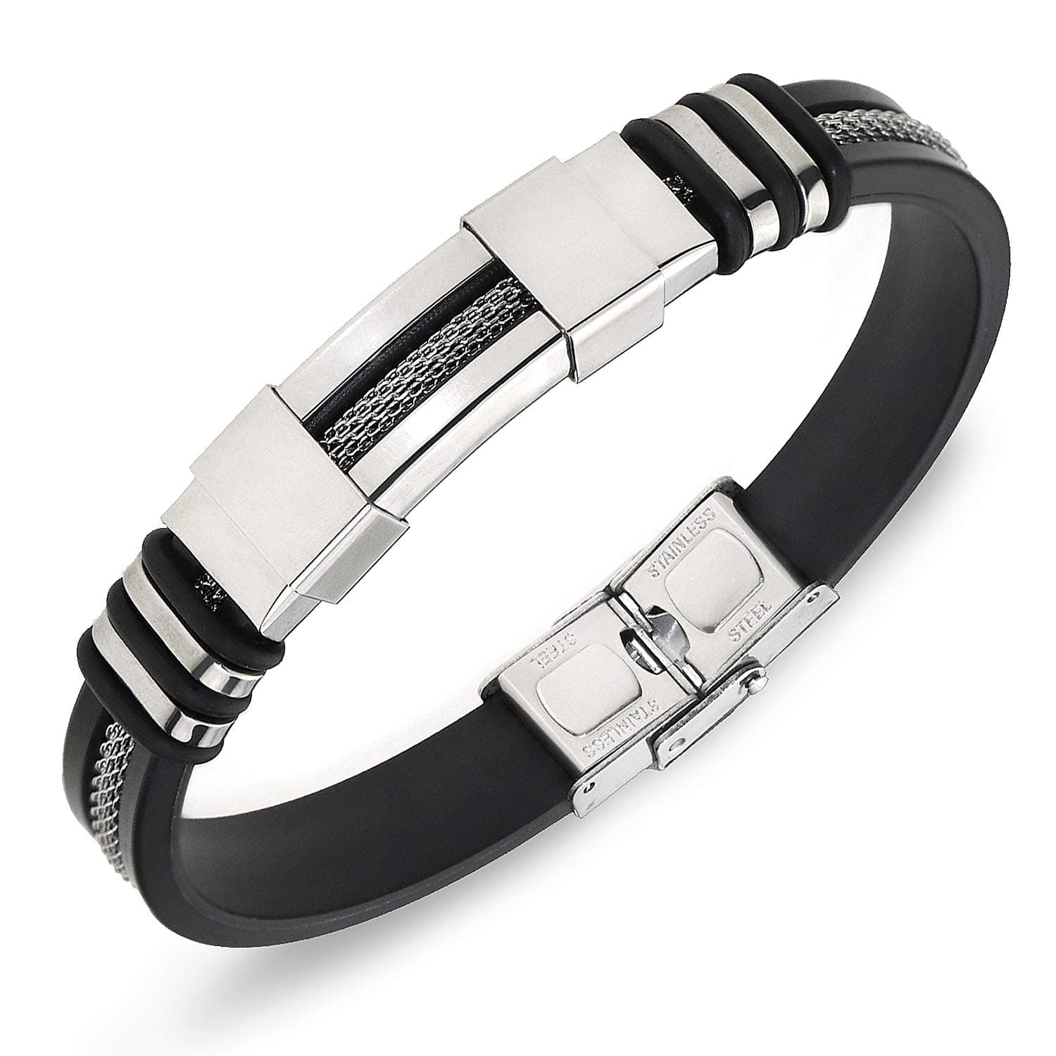– Men's Adjustable Bracelet Silicone Wrap Bracelet Stainless Steel Cuff Bracelet