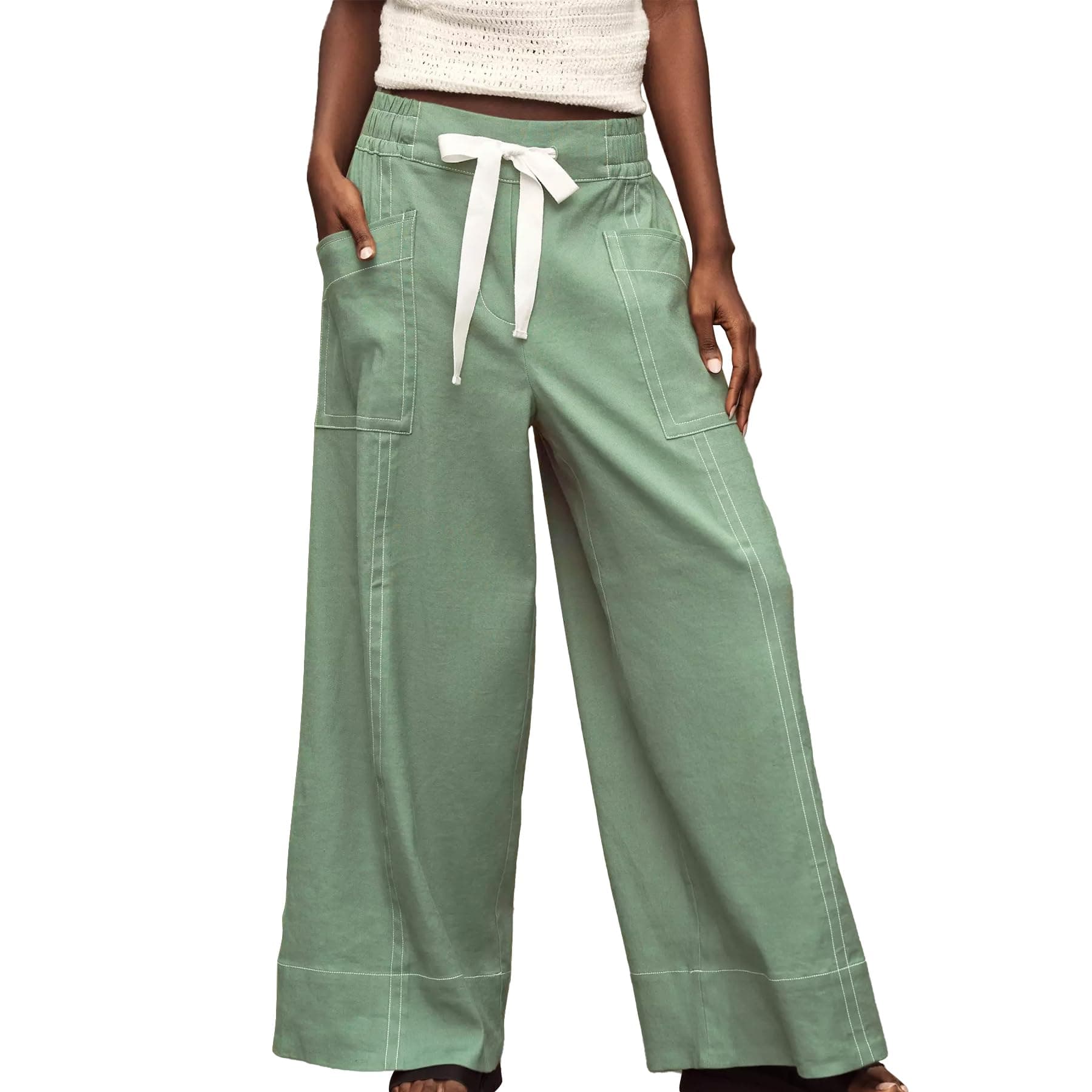 Ainangua Womens Linen Pants Flowy Wide Leg Palazzo Pants Maeve Beach Vacation Trousers Plus Size Summer Outfits