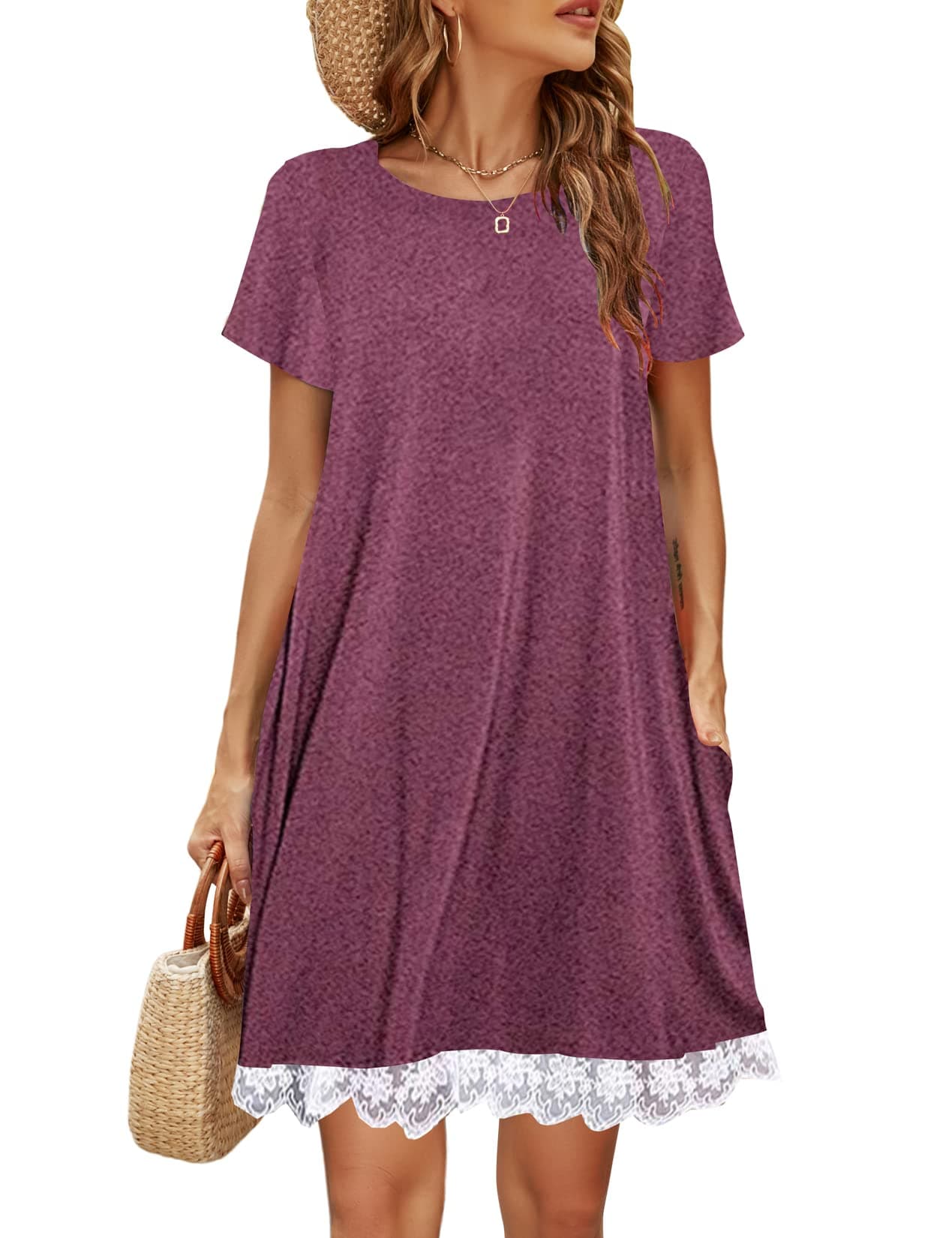 HalifeWomens Summer Casual Tshirt Dress Loose Lace Hem Short Sleeve Beach Sundresses with Pockets