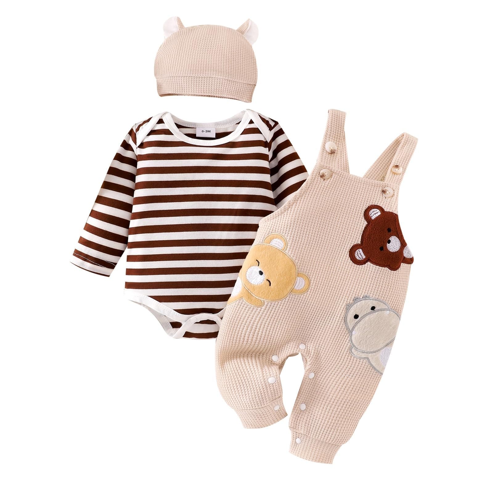 Baby Boy Clothes Newborn Striped Romper Fall Outfits + Infant Cartoon Suspender Overall + Cute Hat 3 Pcs 0-18 Months