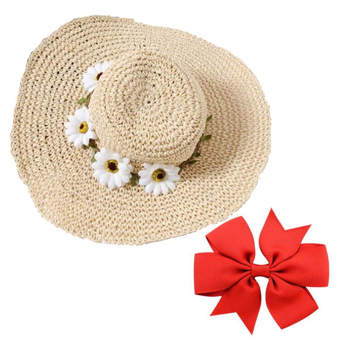 Kids Girl Wide Brim Paper Straw Sun Flower Hat Beach Cap + Bowknot Hairpin Gift (Khaki)