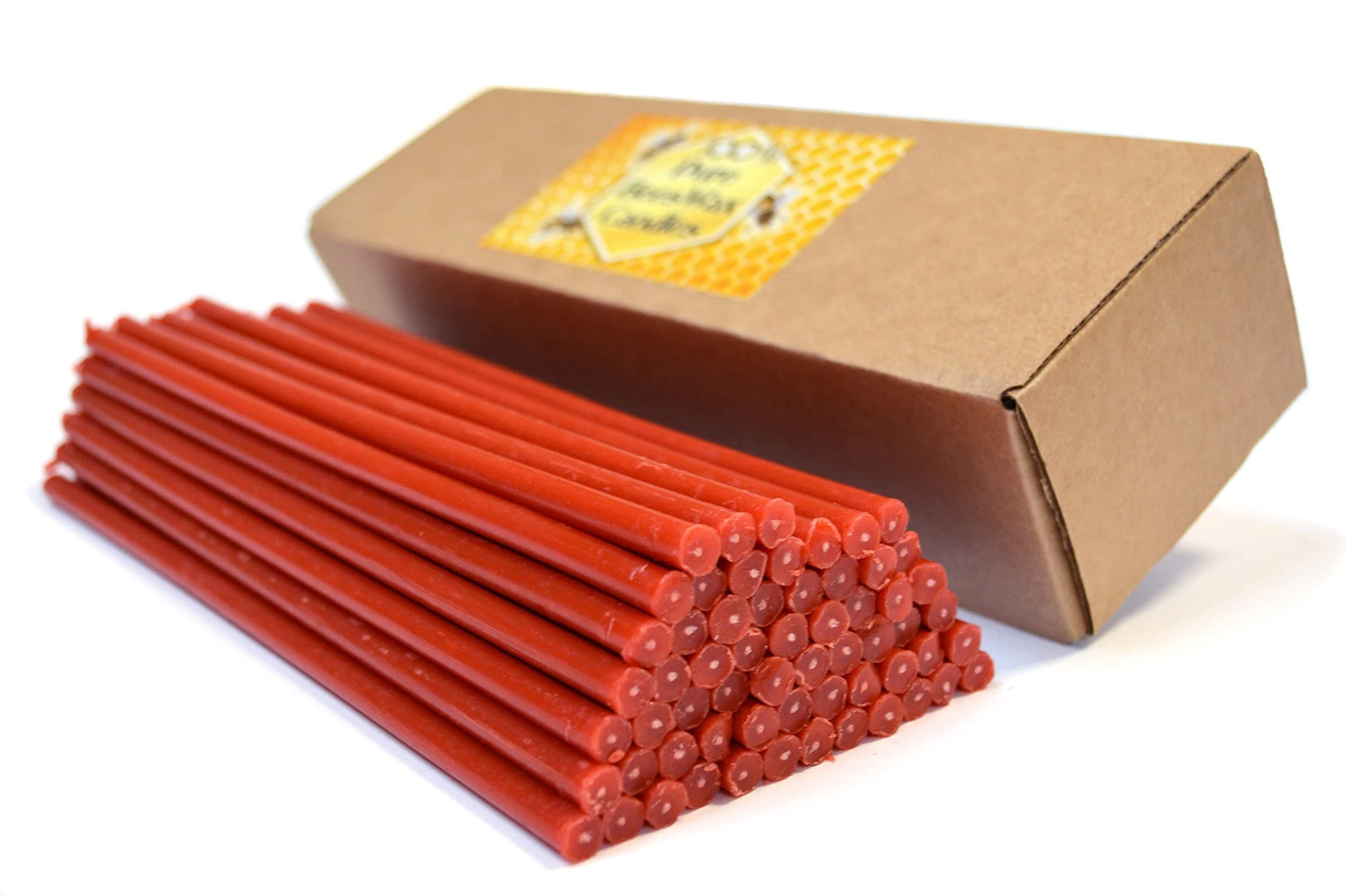 Natural Pure Beeswax Candles Organic Honey Eco Candles Amber Red Color in Gift Box (Natural Cotton Wicks, Dripless, Smokeless, Not Taper Candles) (Red, 8 Inches (20 cm) 60pcs)