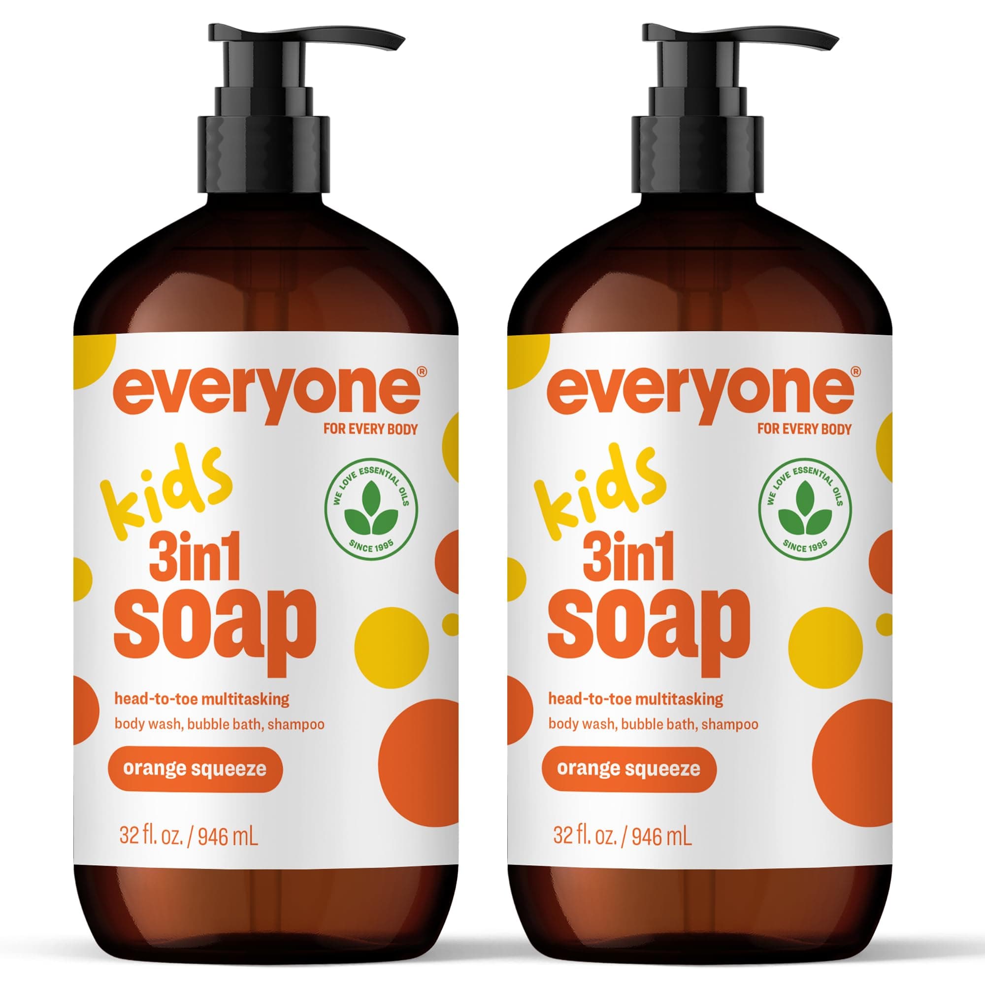 Everyone 3-in-1 Kids Soap, Body Wash, Bubble Bath, Shampoo, 32 Ounce (Pack of 2), Orange Squeeze, Coconut Cleanser with Organic Plant Extracts and Pure Essential Oils (Packaging May Vary)