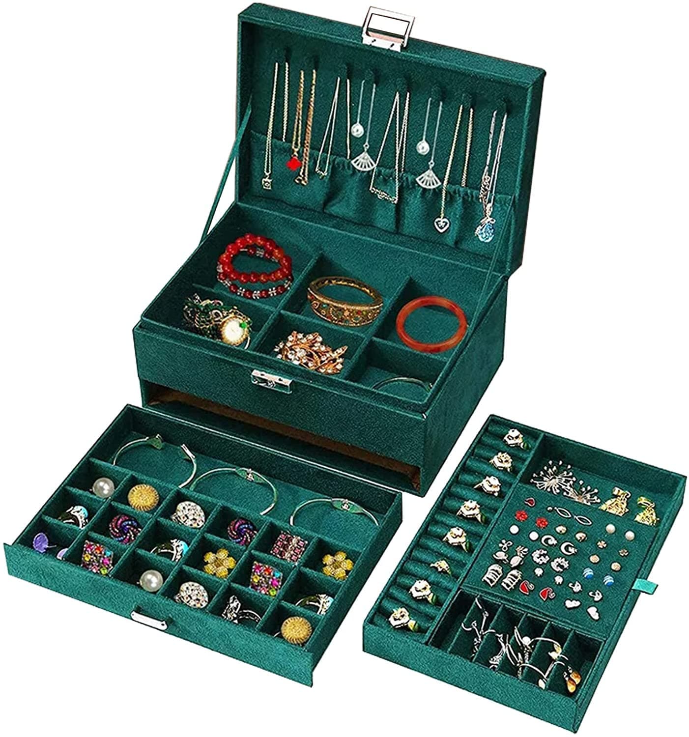 Hileny Jewelry Box Makeup Cosmetic Case, Jewelry Organizer for Women 3-Layer Jewelry Box Organize Jewelry Box with Lock Jewelry Holder for Necklace Earrings Bracelets Rings Watches(Green-3 Layer)