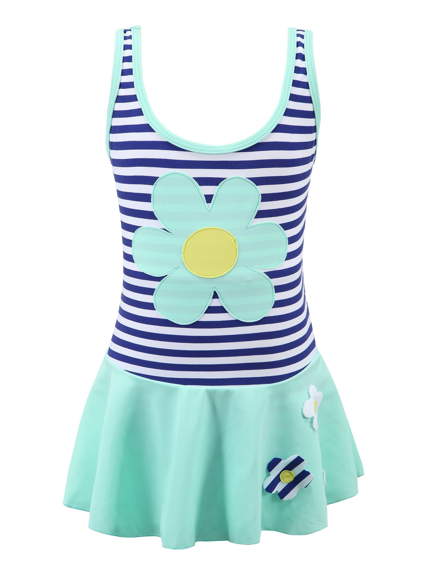 Girls Stripe Swimwear One-Piece Swimsuit with Flowers Applique