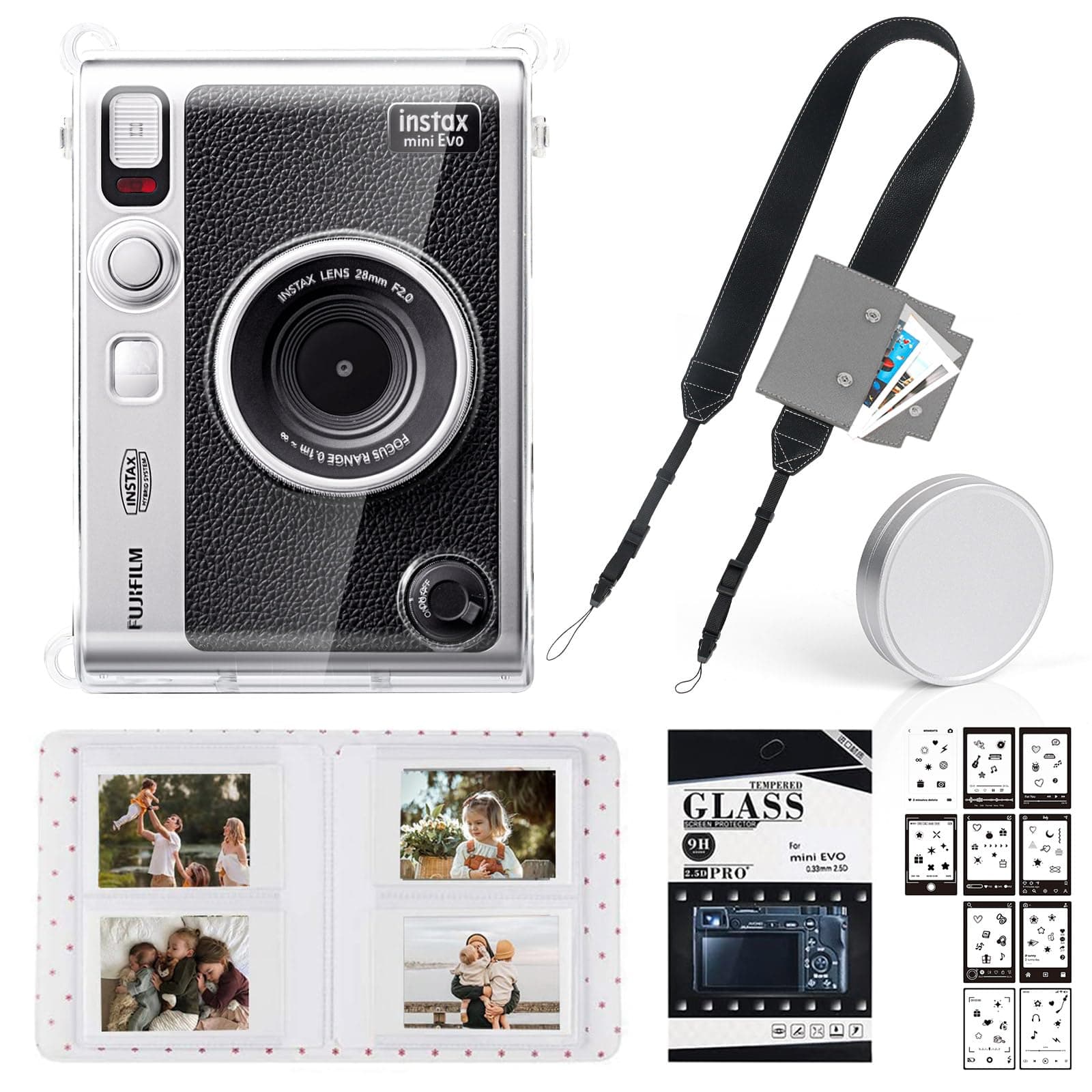 WOGOZAN Mini EVO Accessories Kit for Fujifilm Instax Mini EVO Instant Film Camera with Clear Case, Lens Cap, Adjustable Black Strap, Wallet Photo Album, Screen Protector and Sticker (No Camera)