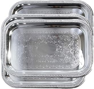 (Pack of 4) Elegant Floral Engraved Serving Tray Chrome Plated Steel Plate Platter Decorative Wedding Birthday Party Shiny Silver Color (Oblong 18.2" x 12.4")