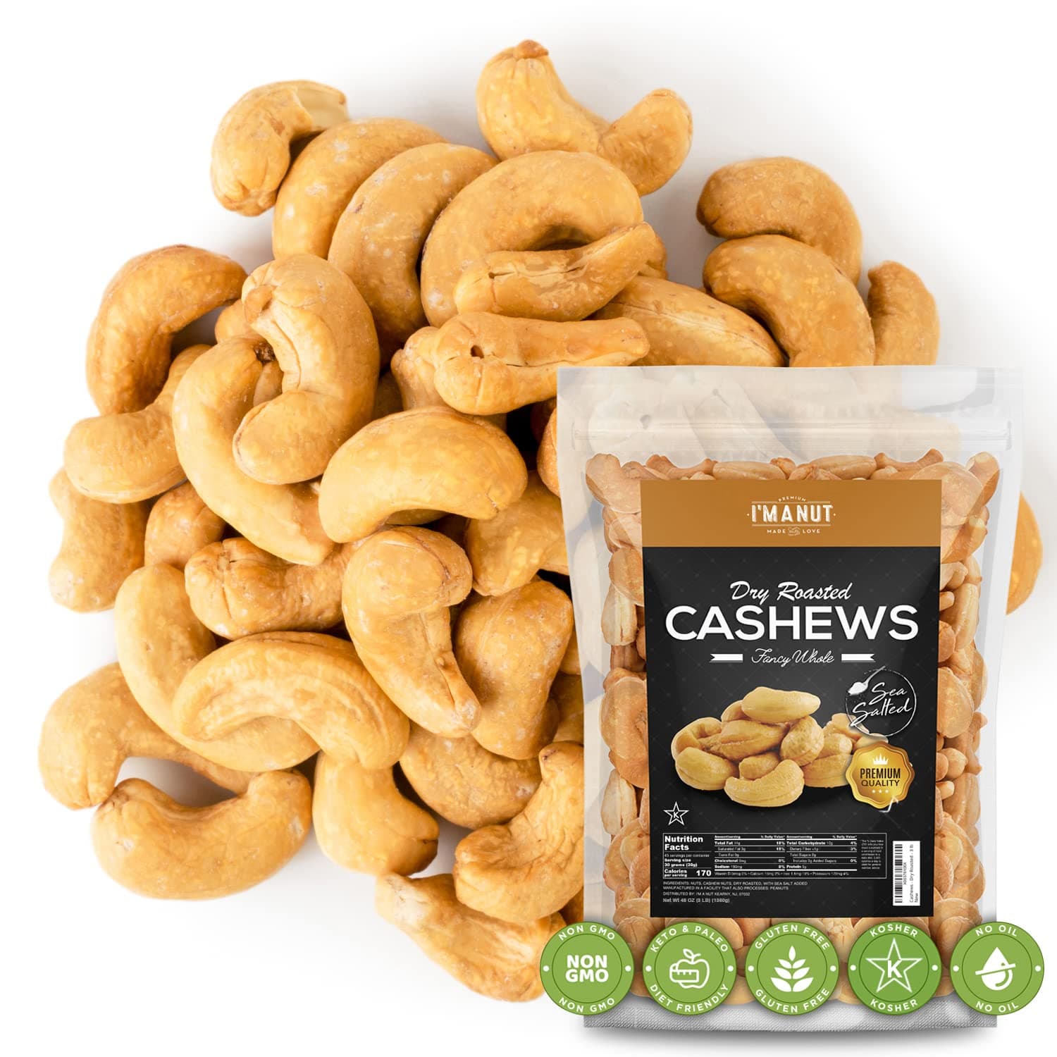Oven Dry Roasted Fancy Cashews with Sea Salt-48 oz (3 lb) | Whole | No Oil | No PPO | Vegan and Keto Friendly | Made from Natural