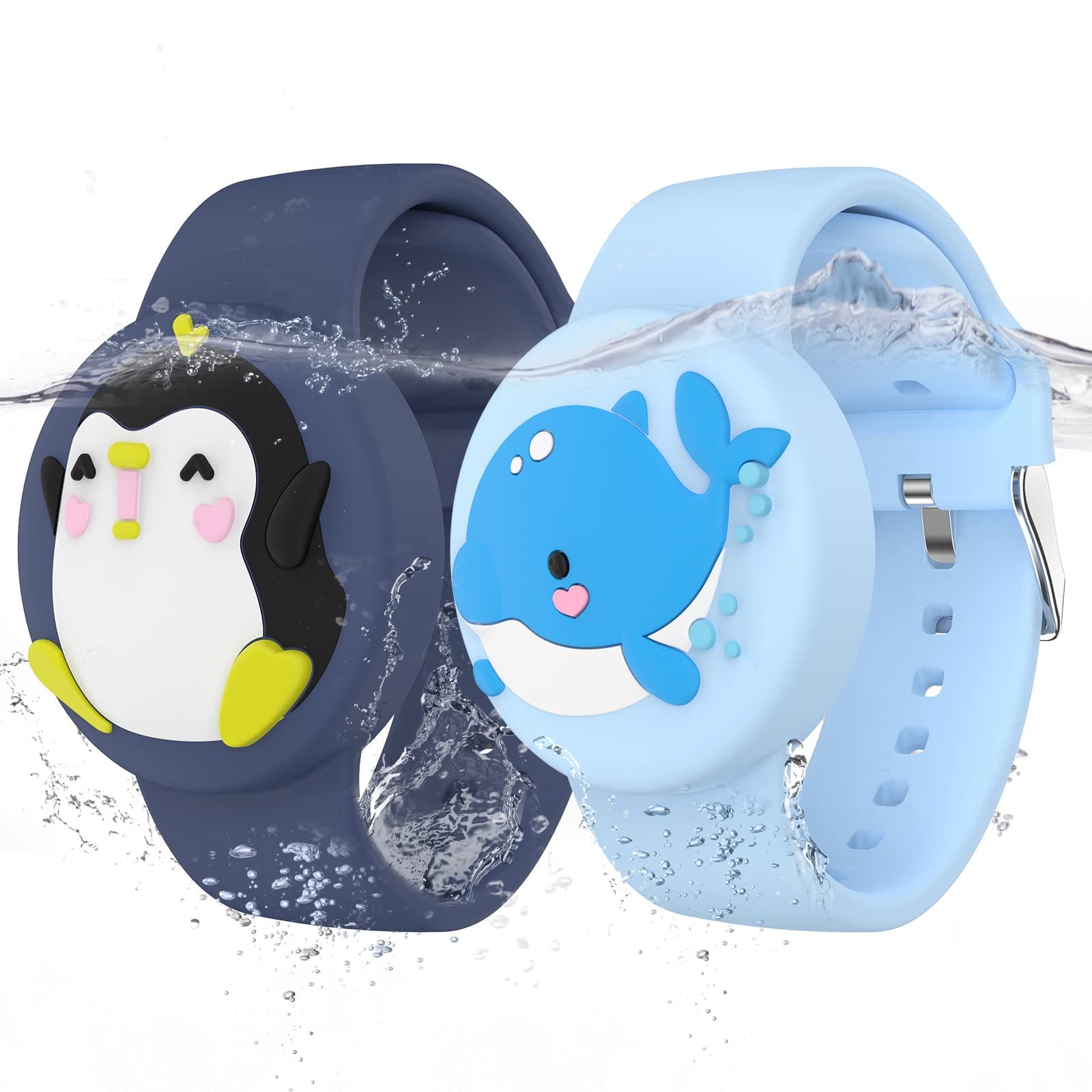 Waterproof Air tag Bracelets for Kids (2 Pack) - Soft Silicone Hidden Air tag Wristband - Lightweight GPS Tracker Holder Compatible with Apple Airtag Watch Band for Child (Penguin & Whale)