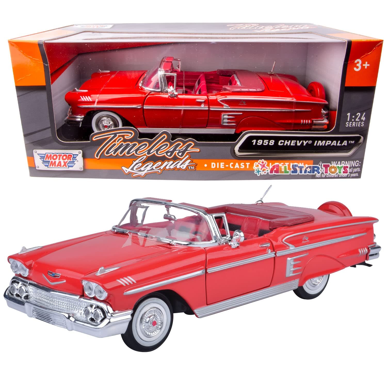 Motor Max 1958 Chevrolet Impala Convertible, Red - Motormax Premium American 73267 - 1/24 Scale Diecast Model Car
