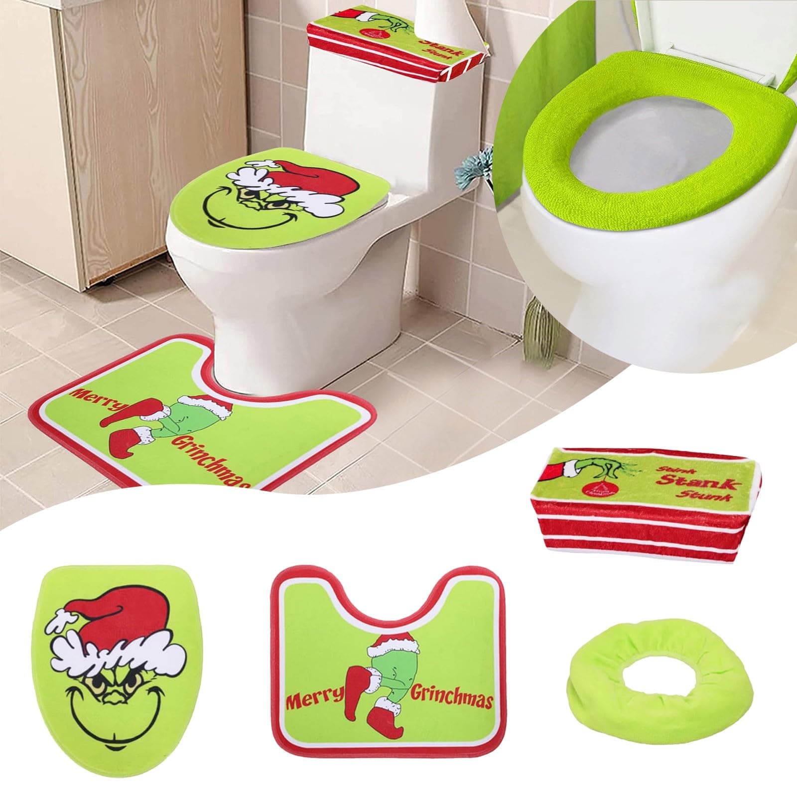 FRJINIE 4 Pcs Christmas Bathroom Decorations Sets,Grin-ch Bathroom Decorating Set,Includes Green Monster Toilet Seat Cover, Toilet Lid Cover, Rug, Toilet Tank Cover Set Xmas Indoor Decor (A)