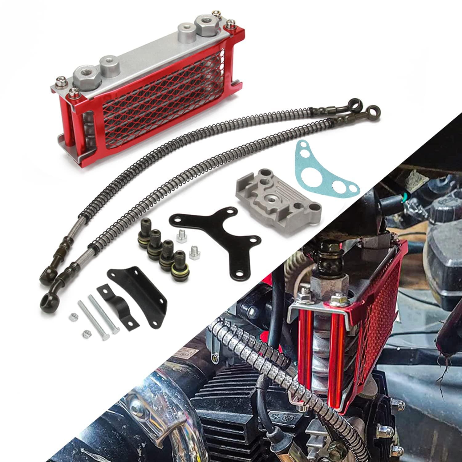 Motorcycle Oil Cooler, Motorbike Engine Cooling Radiator Kit Aluminum for 110cc 125cc 140cc Pit Dirt Bike Mini Bike ATV Monkey Chinese Made Loncin Zongshen - Red