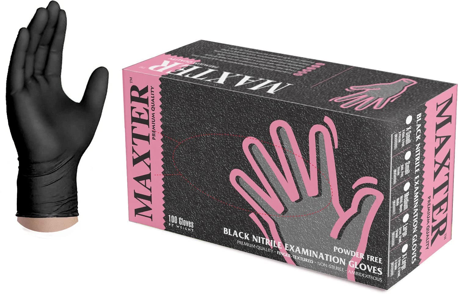 MAXTER Supermax Black Nitrile Gloves - Powder-Free, Latex-Free, Medical Exam & Work Gloves - 100 pcs per box, 3.2 Mil Thickness