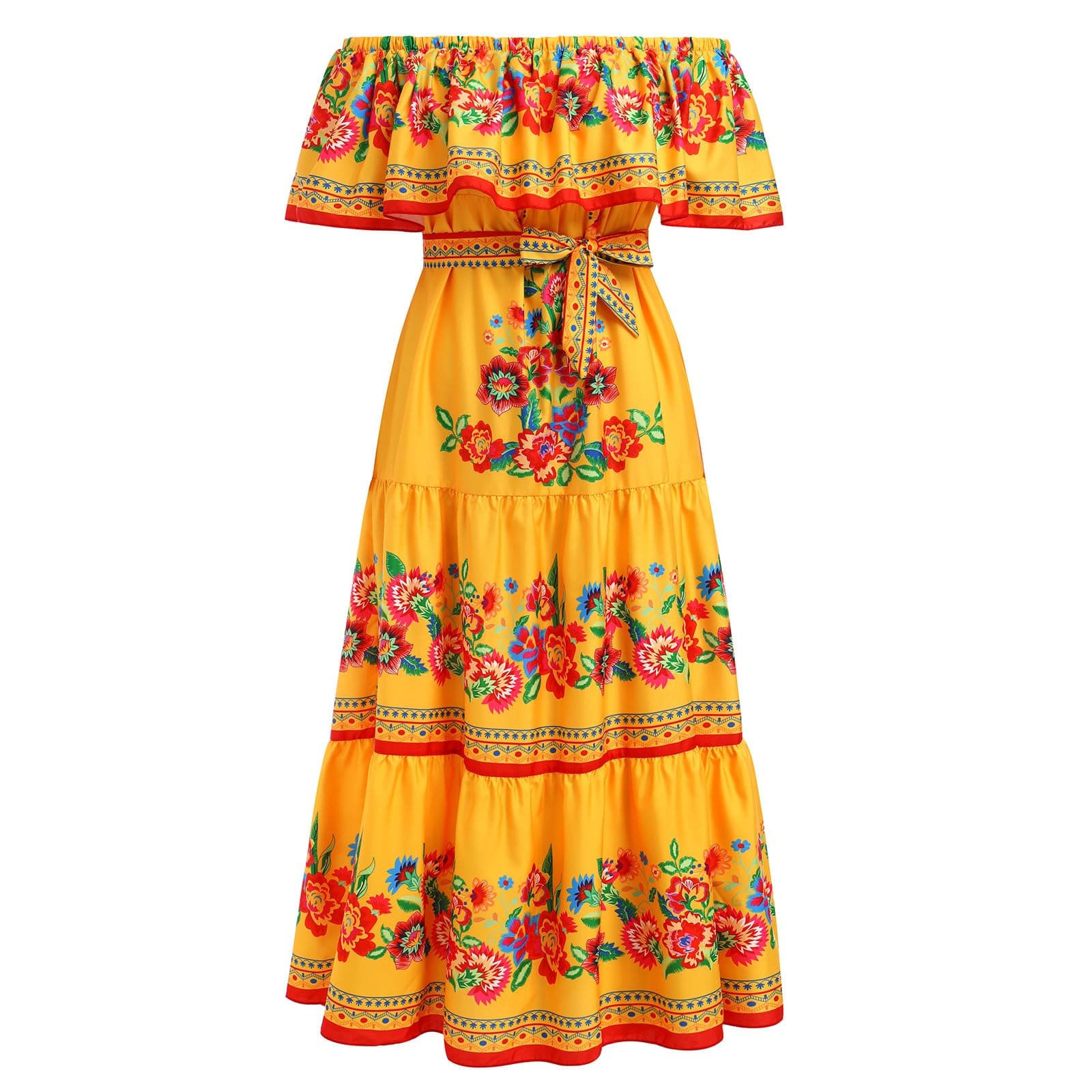Women Mexican Dress Summer Floral Print Traditional Ethnic Wear Off Shoulder Beach Holiday Party Long Maxi Gowns