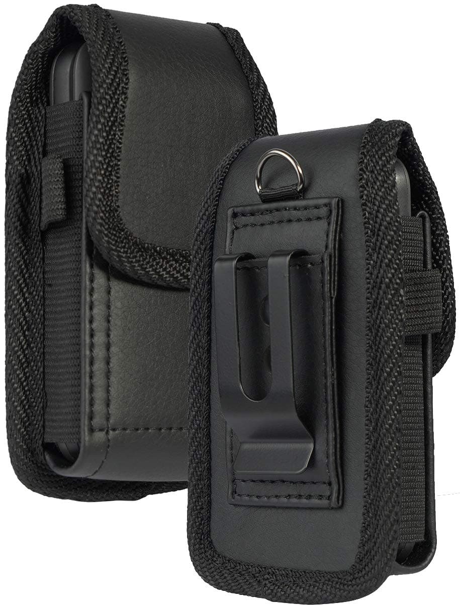 Flip Phone Case, Black Vegan Leather Vertical Pouch [with Belt Loop, Metal Clip, Magnetic Closure] for Alcatel Go Flip V, MyFlip, Quickflip, Cingular Flip 2 (A405DL, 4051s, 4044)