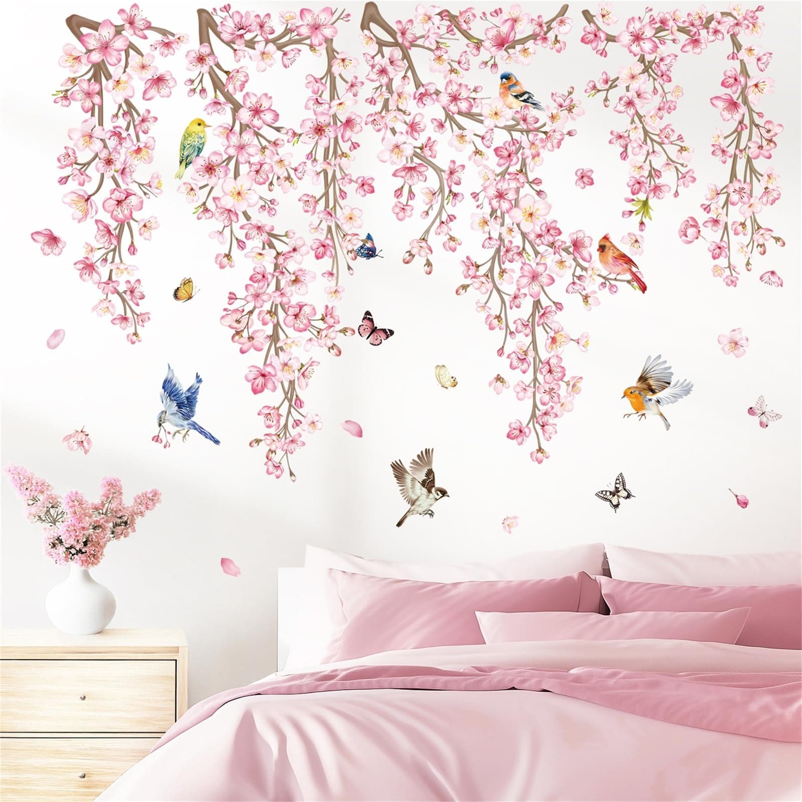 wondever Cherry Blossom Flower Vine Wall Stickers Pink Hanging Floral Tree Branch Birds Peel and Stick Wall Art Decals for Bedroom Living Room Sofa