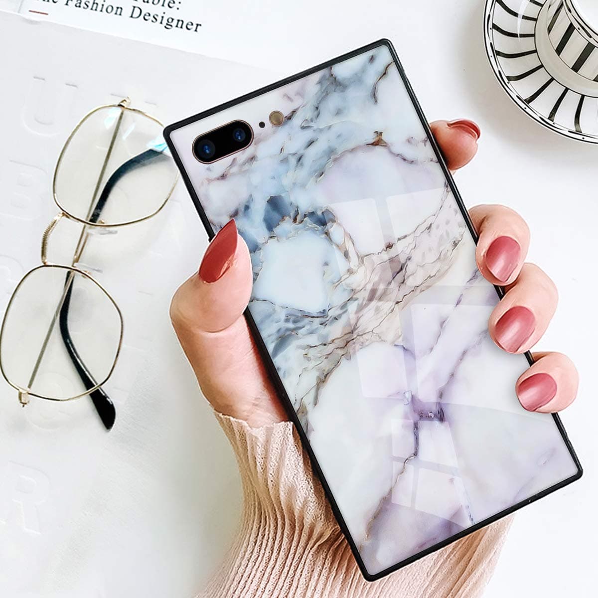 BesteeCase Marble Square Case for iPhone 7 Plus, iPhone 8 Plus Case, Retro Classic Stylish Soft TPU and Hard PC Shockproof Cover Case for iPhone 7 Plus/8 Plus (5.5 Inch)