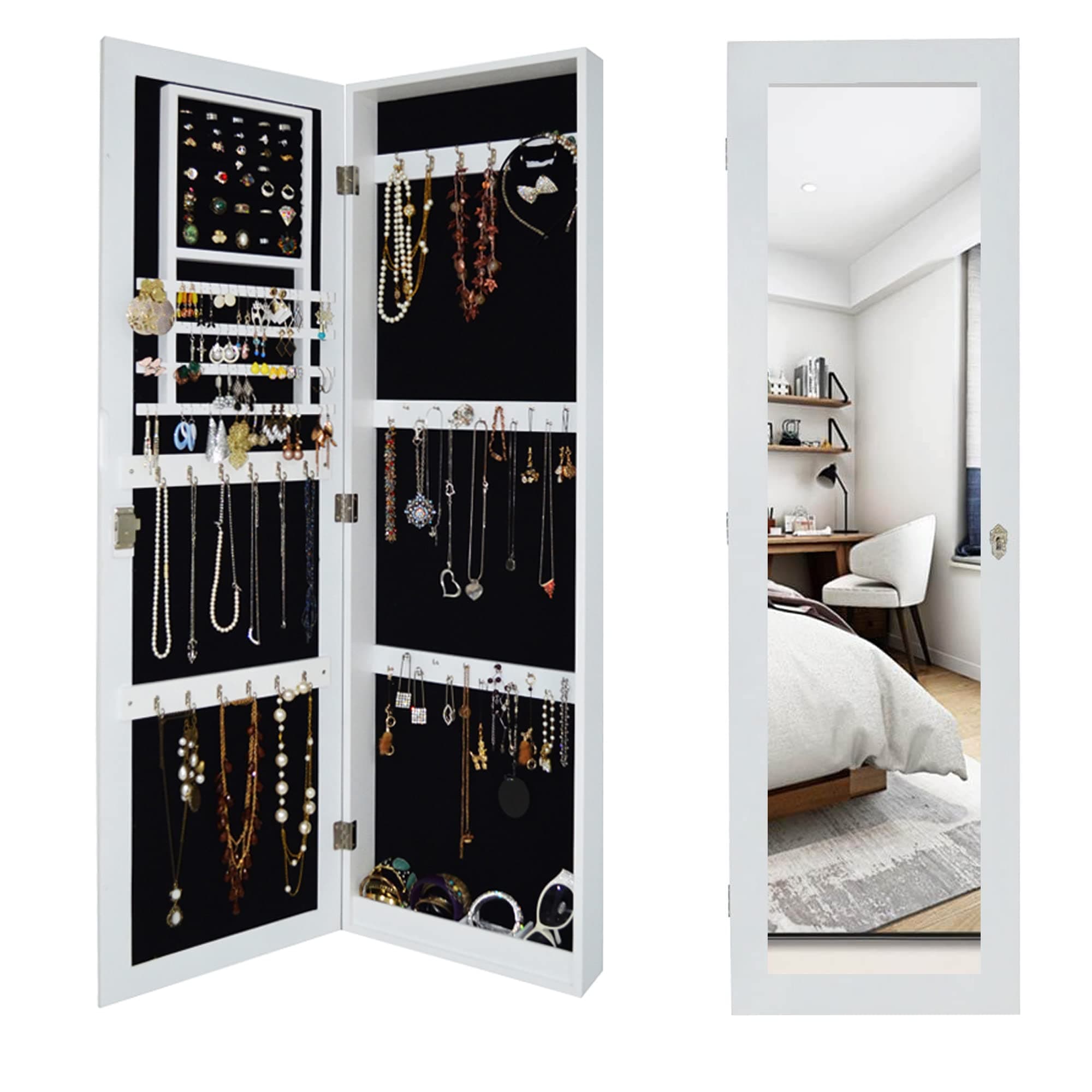 47.24" Wall-Mount Modern Black Wooden Jewelry Armoire with Lock for Women