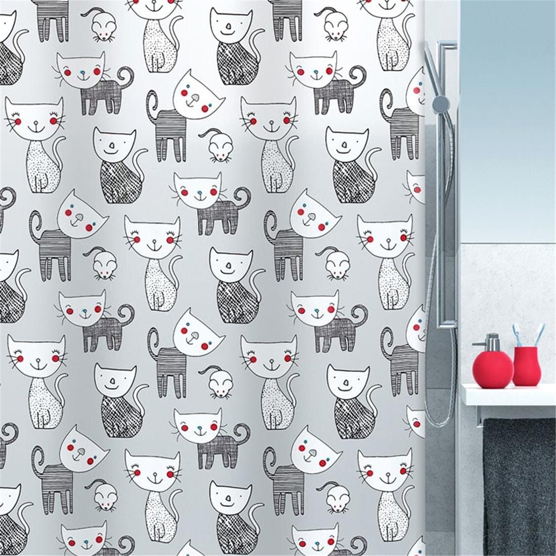 PEVA Plastic Shower Curtain Set With Hooks White Bath curtain, Anime Cat Mouse Pattern Waterproof Washable Bathroom Washroom Shelter Enough Rings 180 x 200 cm