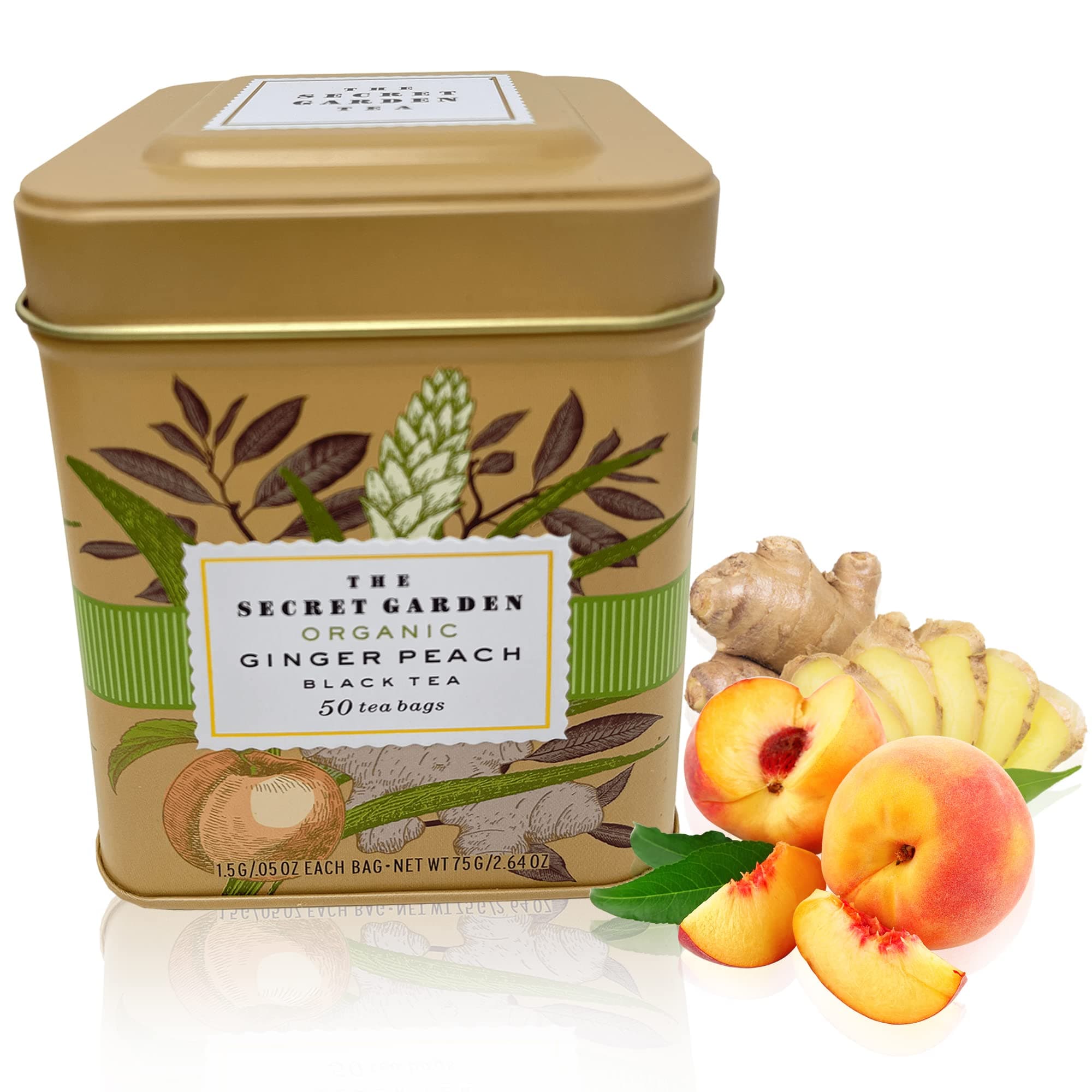 USDA Organic Ceylon Peach Ginger Black Tea 50 Teabags Premium Natural Caffeinated Antioxidant Rich Herbal NON GMO Keto And Diabetic Friendly In Designer Gift Tin - Bulk 2.0G Packets