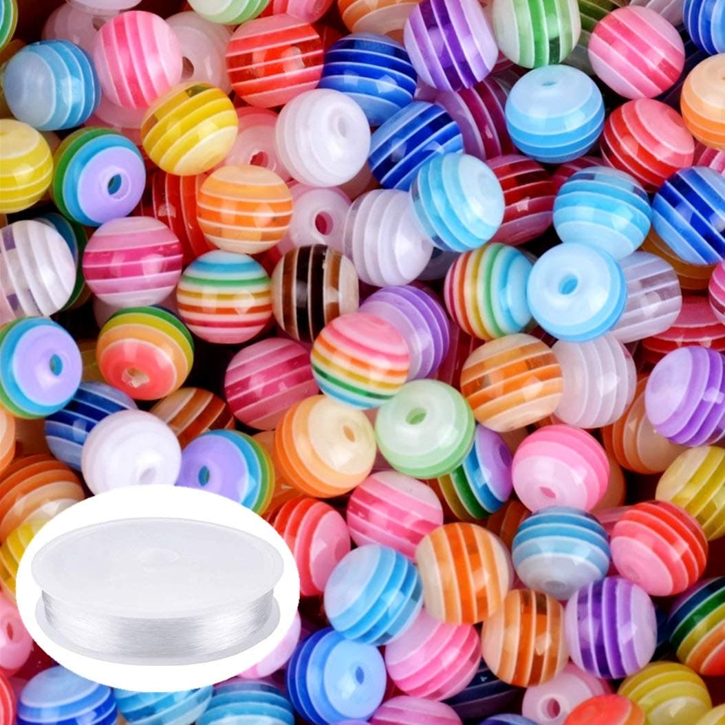 Amaney 300pcs 8mm Acrylic Rainbow Stripes Beads Colourful Round Spacer Beads with 1 Roll 5M Crystal String Cord for Jewelry Making Bracelets Necklaces Key Chains