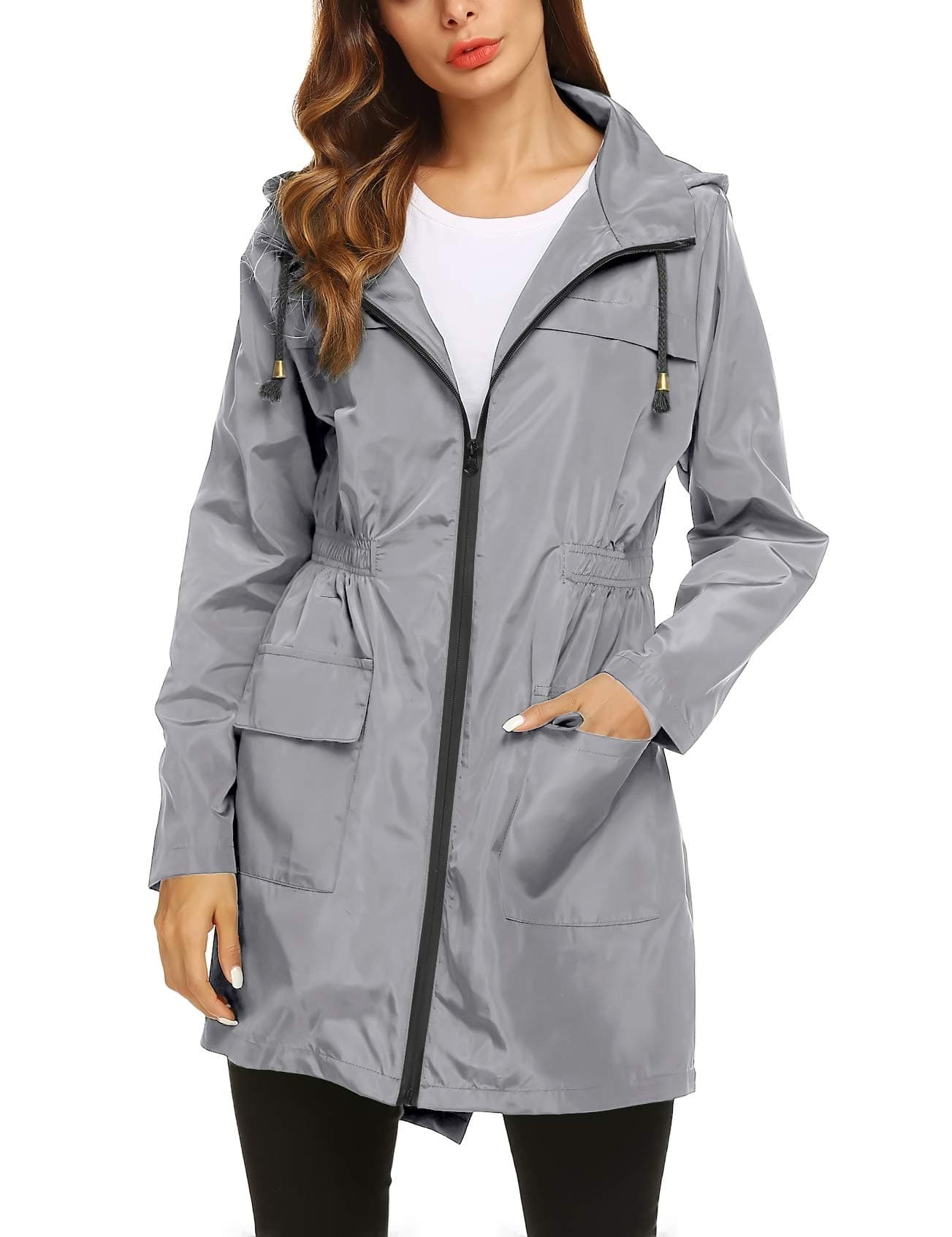 ZHENWEI Womens' Waterproof Lightweight Raincoat Hooded Outdoor Hiking Long Rain Jacket