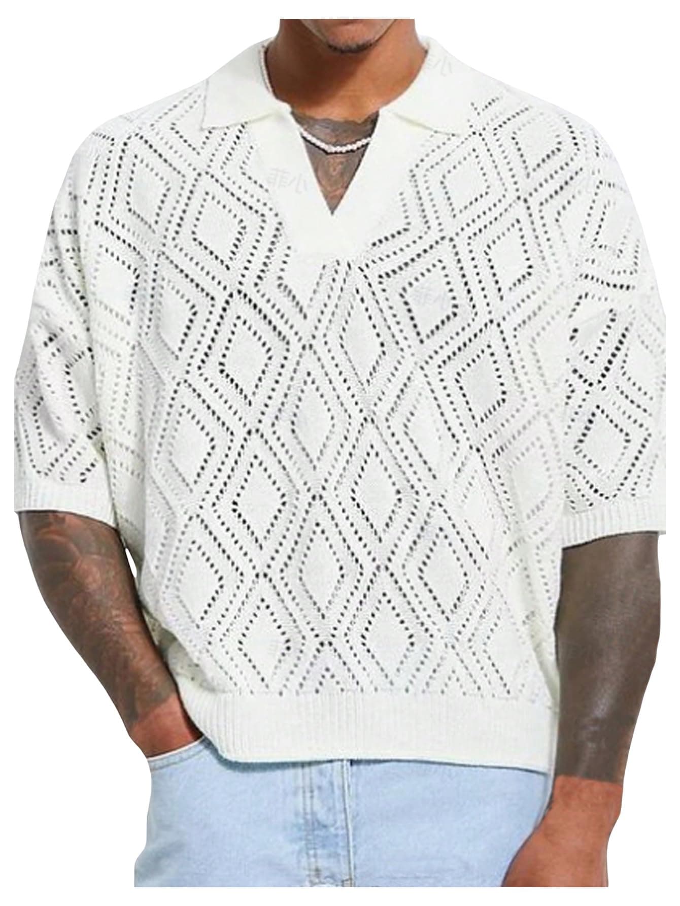 RoseSeekMen's Crochet Tops Short Sleeve Hollow Out V Neck Knit Shirts Pullover Summer Tops for Mens