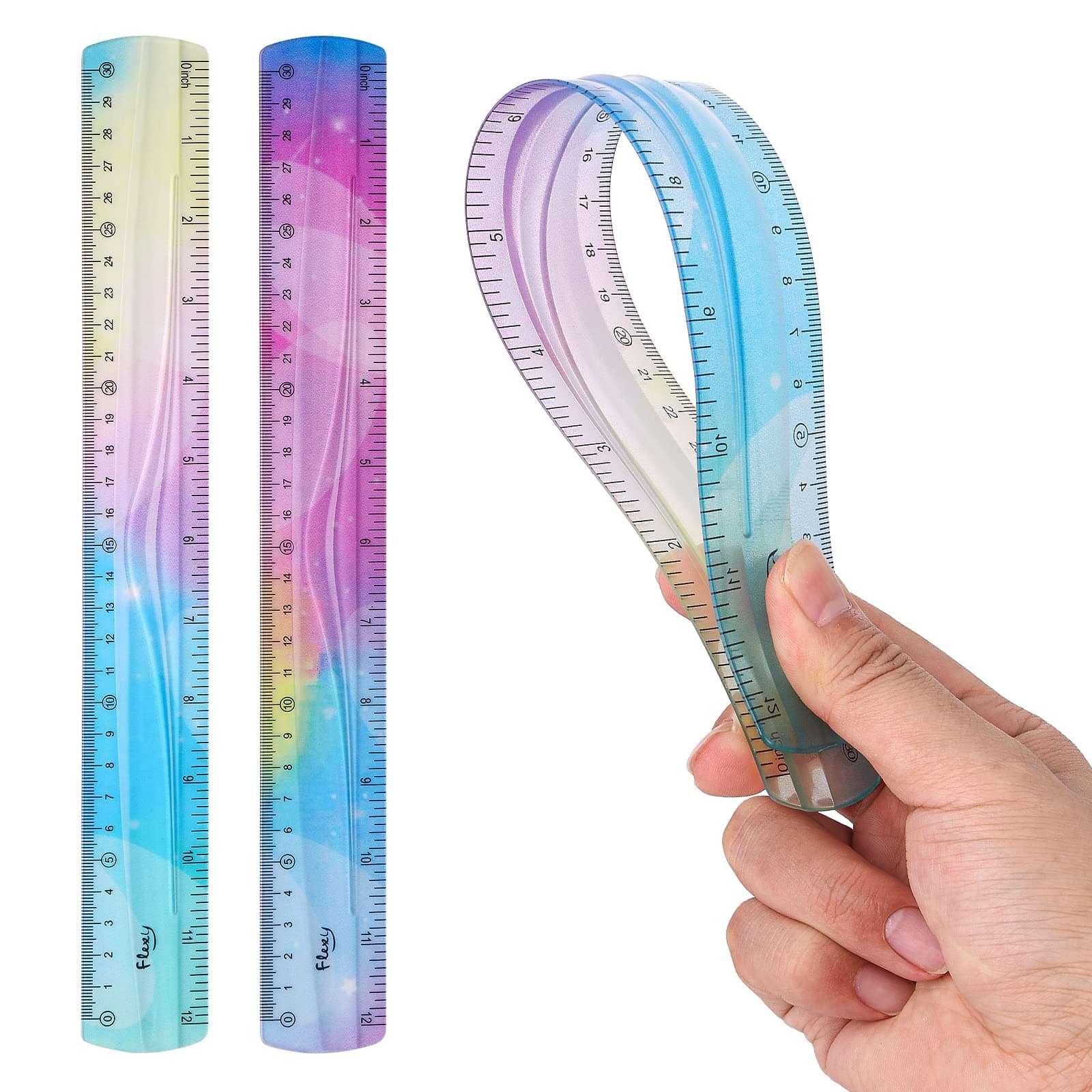 Grevosea 2-Piece Flexible Ruler, 30cm/12inch Plastic Straight Edge Ruler, Soft Bendable for School, Classroom, Office, Kids & Adults